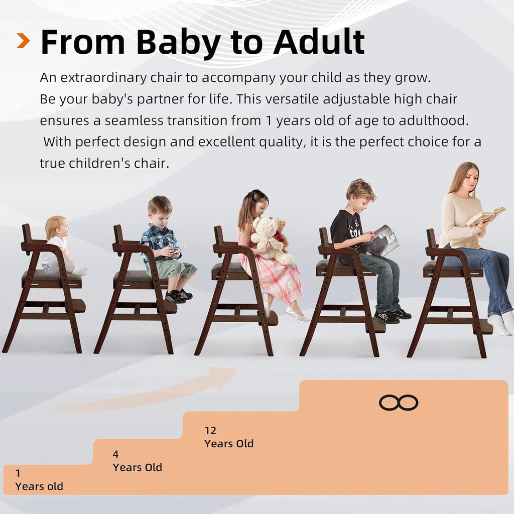 Wooden High Chair for Toddlers & Baby, Adjustable Dining Feeding Chair Grows with Kid, Ergonomic High Chair for Babies, Wipe Clean Skin-Friendly Cushion, for Home & Restaurant - Walnut