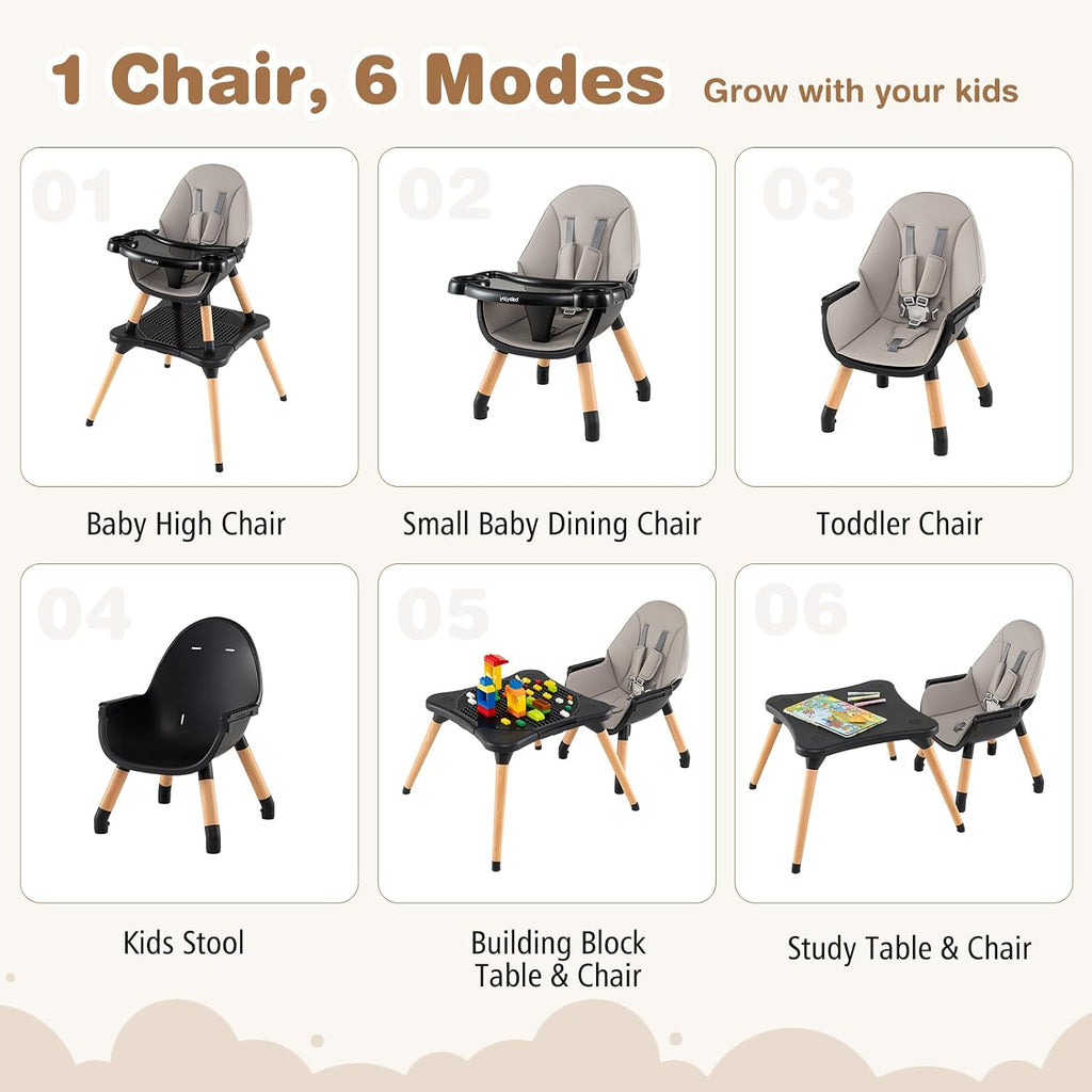 BABY JOY 6 in 1 High Chair, Convertible High Chairs for Babies and Toddlers/Booster Seat/Table and Chair Set, Infant Wooden Highchair w/ 5-Point Harness, 4-Position Removable Tray & PU Cushion (Black)