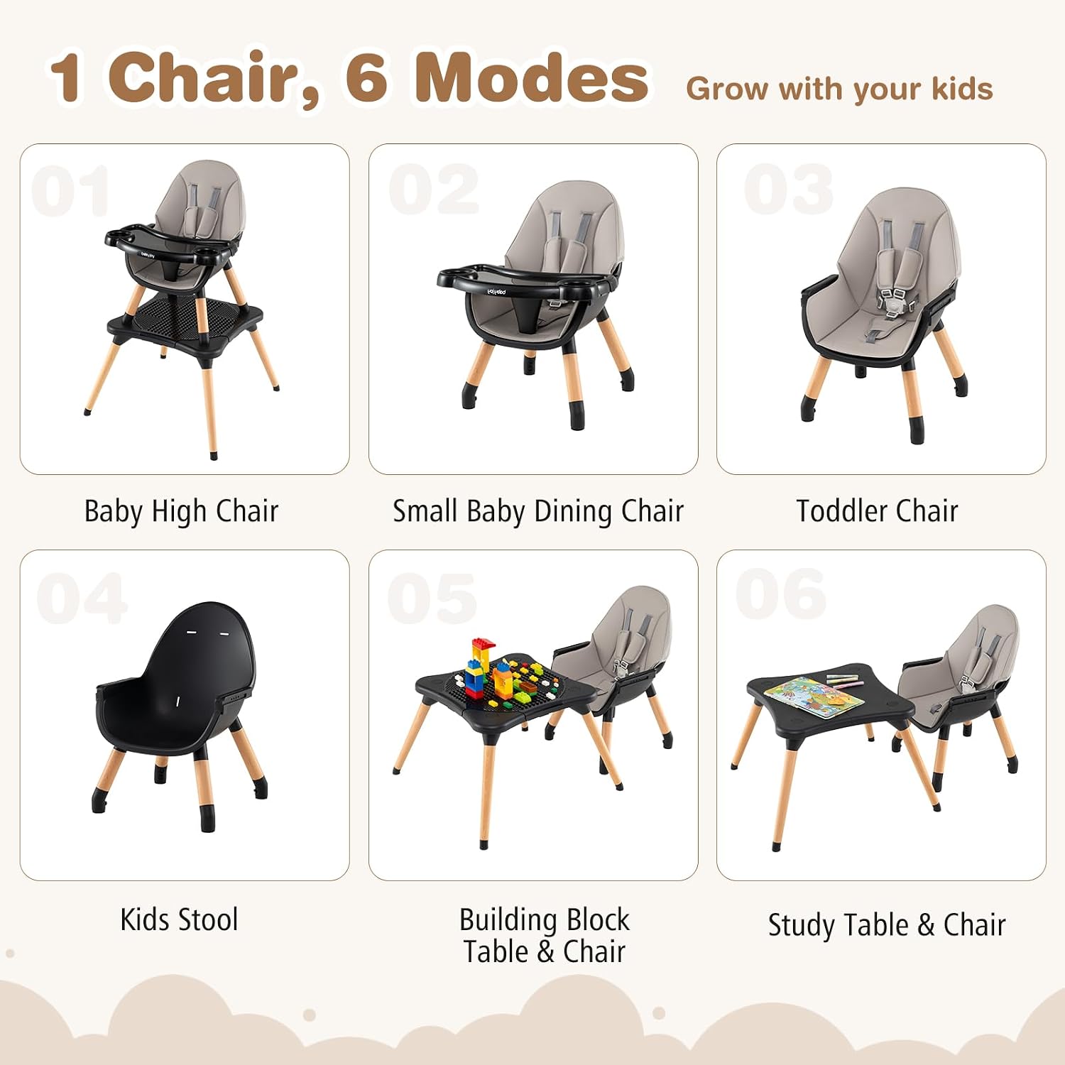 BABY JOY 6 in 1 High Chair, Convertible High Chairs for Babies and Toddlers/Booster Seat/Table and Chair Set, Infant Wooden Highchair w/ 5-Point Harness, 4-Position Removable Tray & PU Cushion (Black)