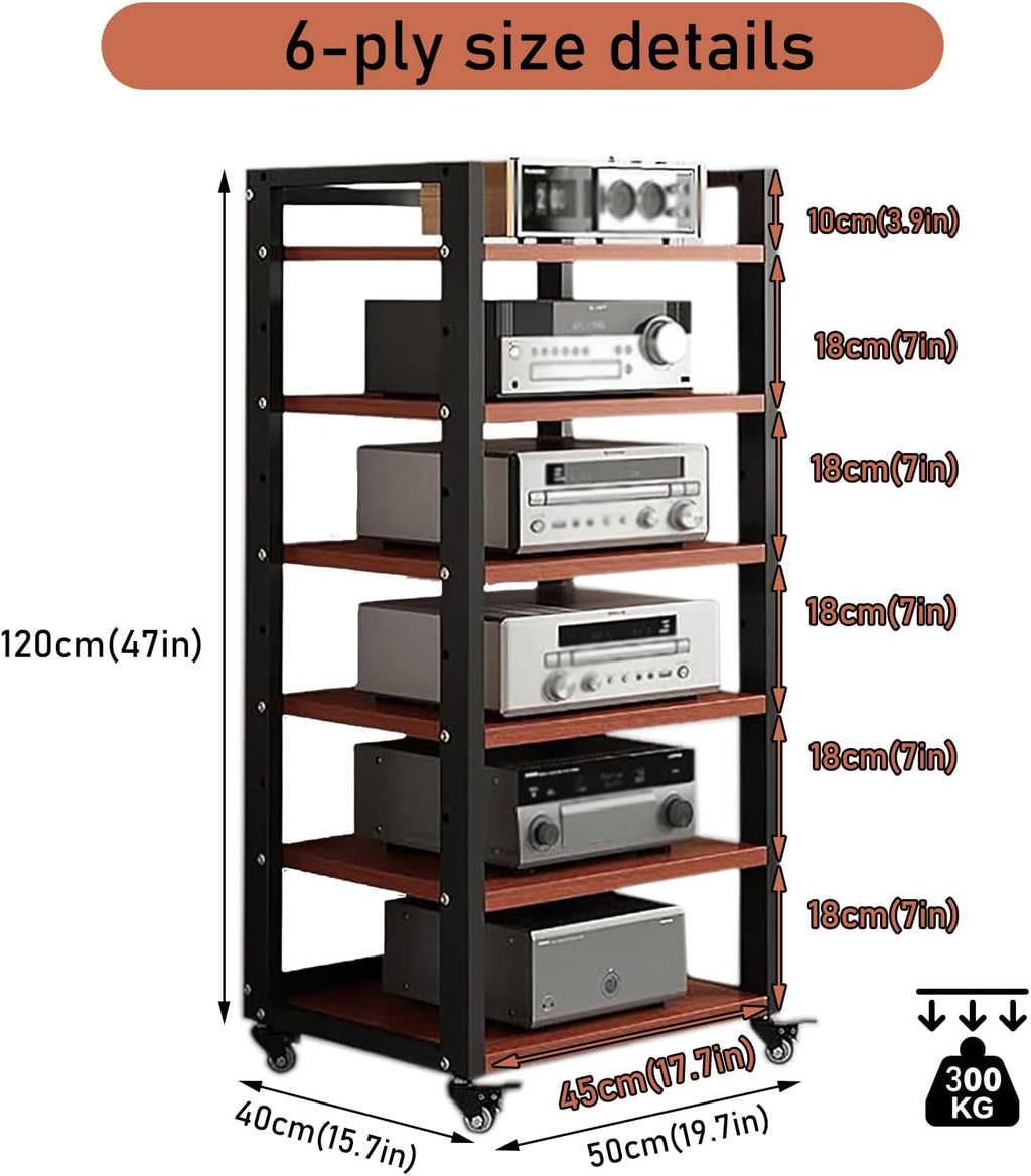 6 Tier Audio Rack Tower, CD Record Player Stereo Receiver AV Equipment Cabinet Display Rack, Weight Capacity 661 lbs, with Adjustable Wooden Shelves for Home (6 Tier Teakwood)