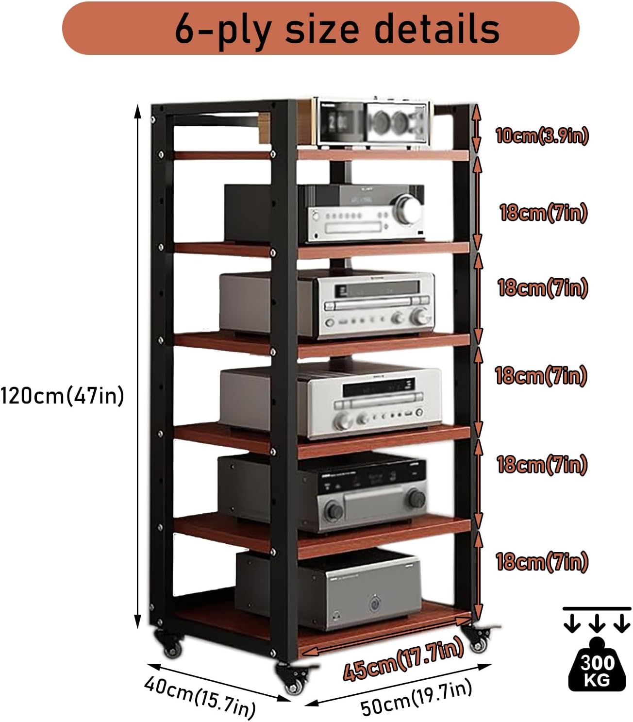 6 Tier Audio Rack Tower, CD Record Player Stereo Receiver AV Equipment Cabinet Display Rack, Weight Capacity 661 lbs, with Adjustable Wooden Shelves for Home (6 Tier Teakwood)