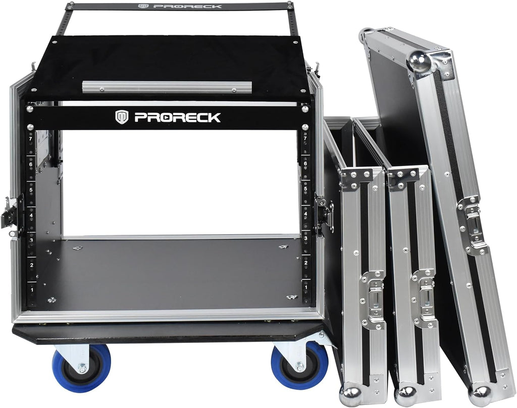 PRORECK 8U Rack/Road Case With Slant Mixer Top, And Casters, 20'' Rackable Depth, Plywood, 8U Installation Size, Pro Stage Performance.