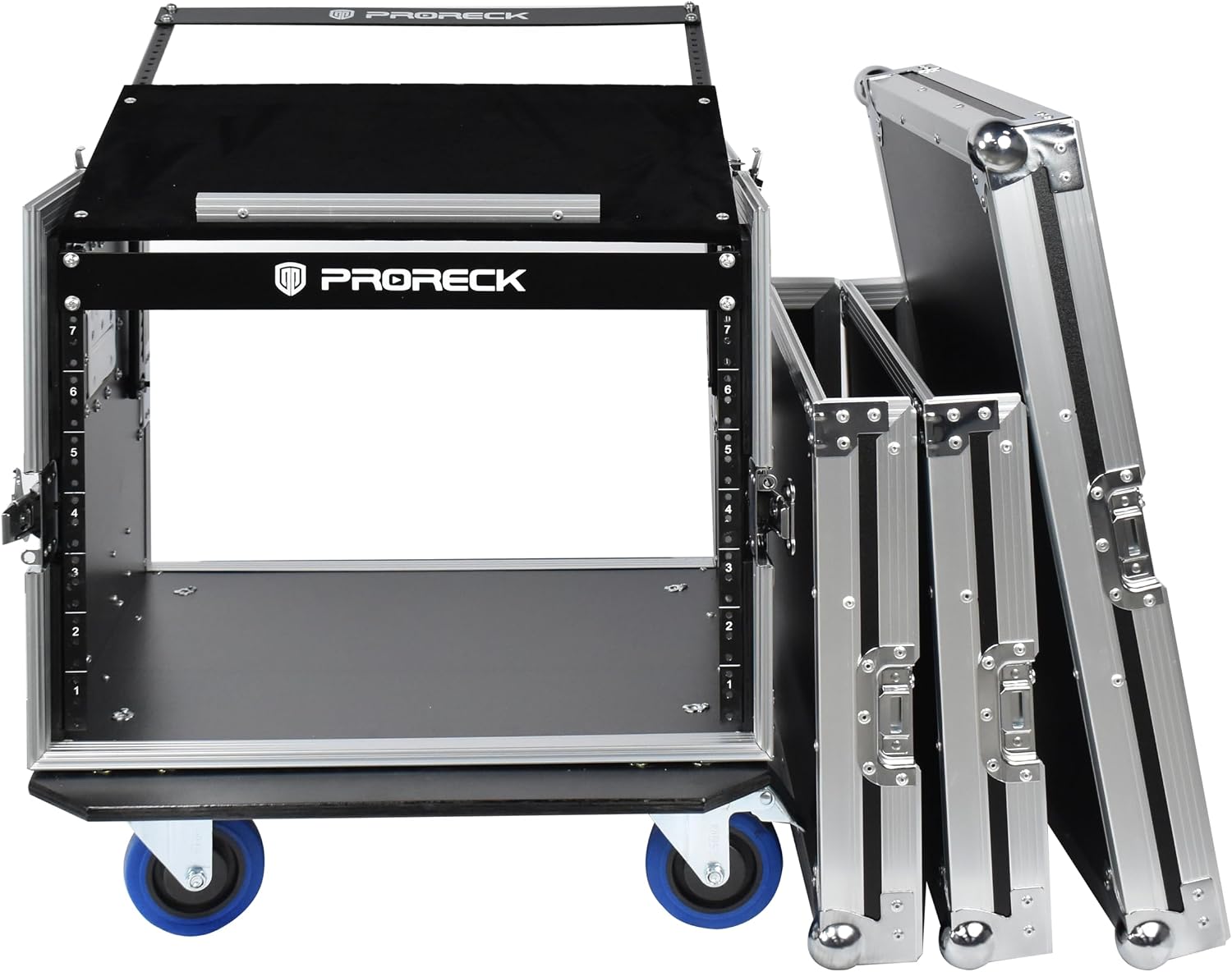 PRORECK 8U Rack/Road Case With Slant Mixer Top, And Casters, 20'' Rackable Depth, Plywood, 8U Installation Size, Pro Stage Performance.