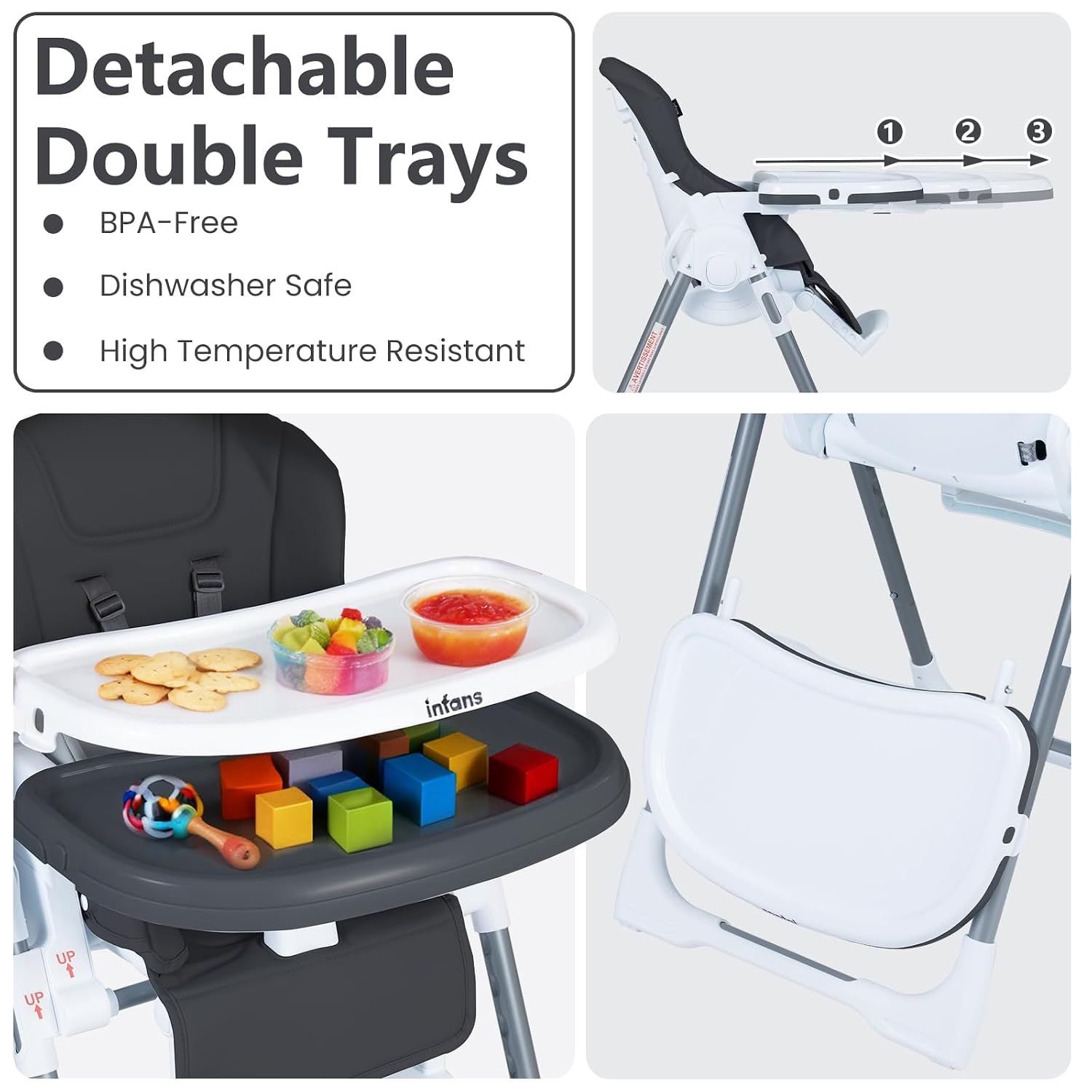 INFANS High Chair for Babies and Toddlers, Foldable Highchair with 7 Different Heights 4 Reclining Backrest Seat 3 Setting Footrest, Removable Tray Built-in Rear Wheels with Locks