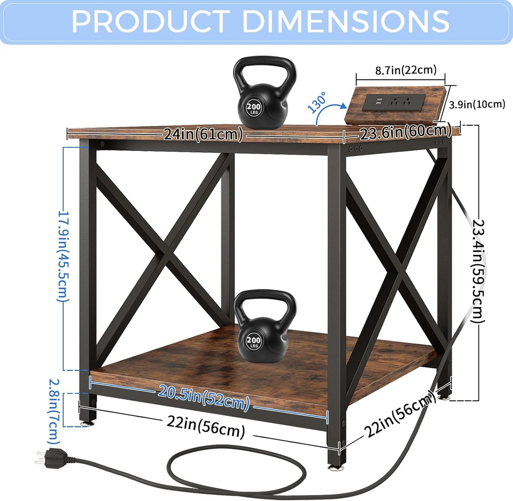 METYERRY Large Printer Stand with Power Outlet, with Storage Shelf, 2 Tier Rolling Printer Cart with Industrial Wheels, 23.6 x 23.6 Inches Printer Table for Home Office,Rustic Brown