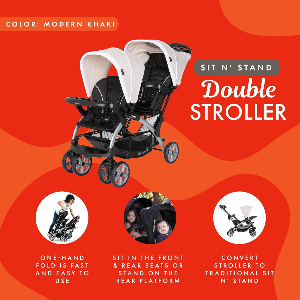 Baby Trend Double Infant and Toddler Stroller w/ Harness and Basket, Sit N' Stand, Khaki