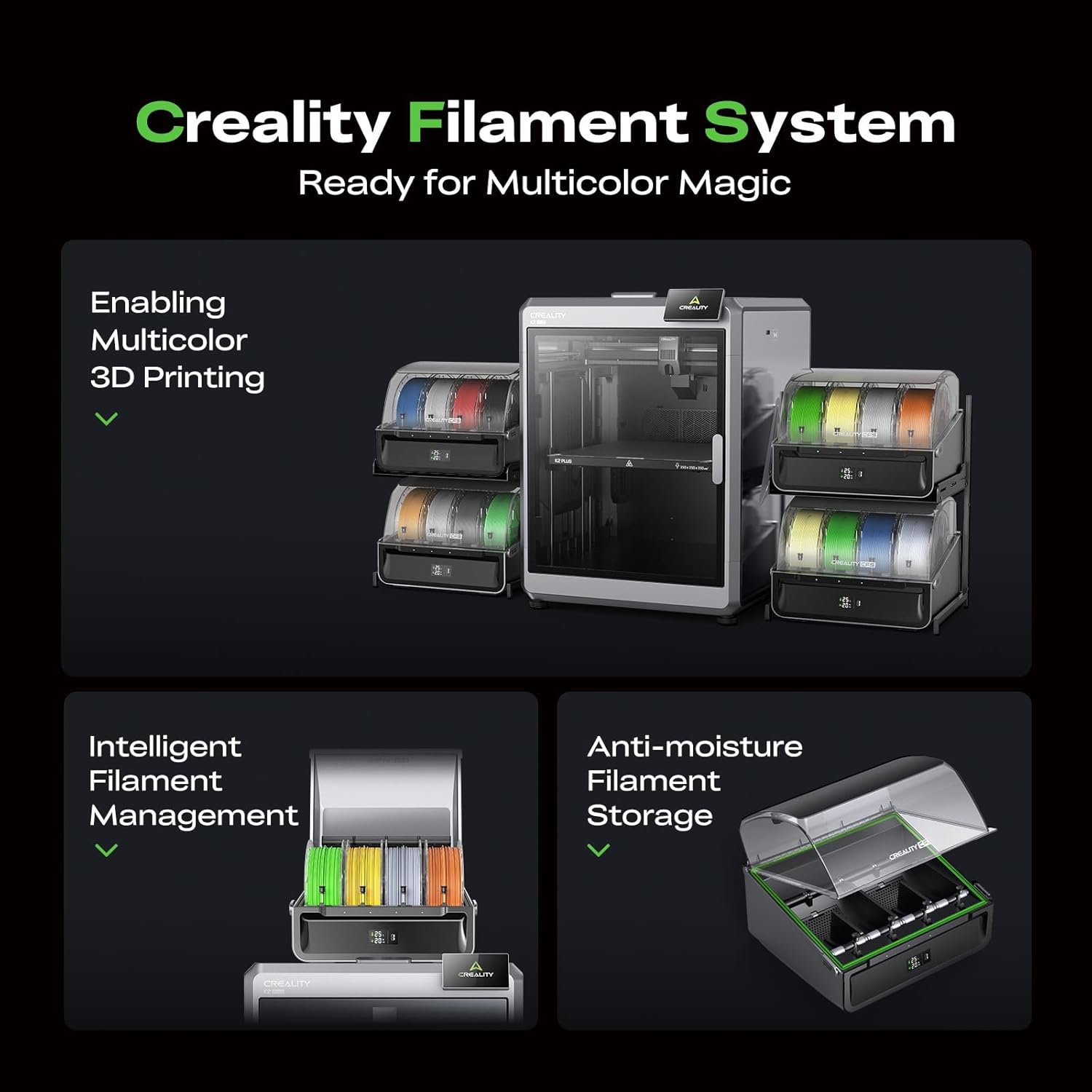 Creality CFS Multi Color Auto Filament System Anti-Moisture Filament Storage Auto-Switch & Run-Out Alerts 4-Channel Parallel Printing 16 Colors 3D Printing for K2 Plus, Hi 3D Printer