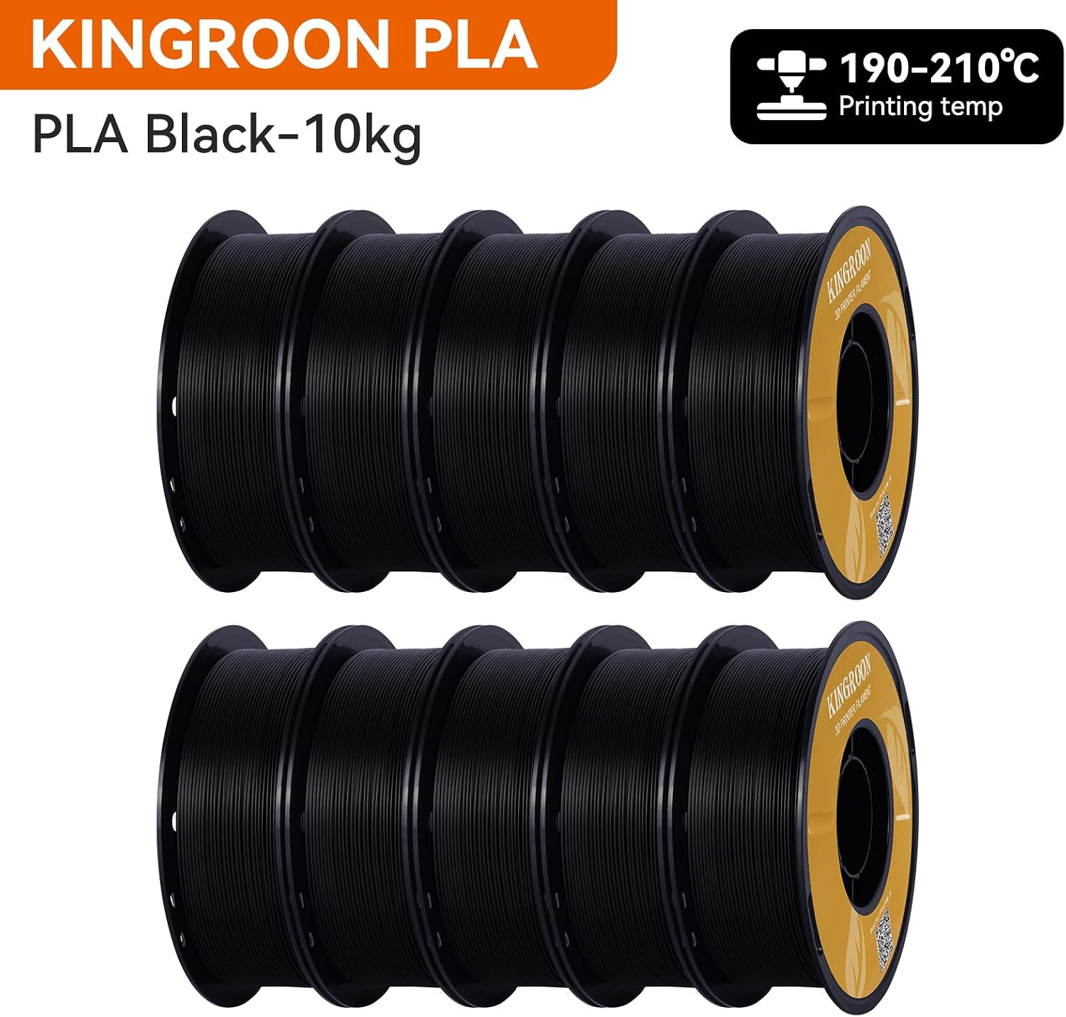 Kingroon PLA 3D Printer Filament,10 Rolls, Dimensional Accuracy +/- 0.02 mm, 10kg Spool(22lbs), 1.75 mm，Black