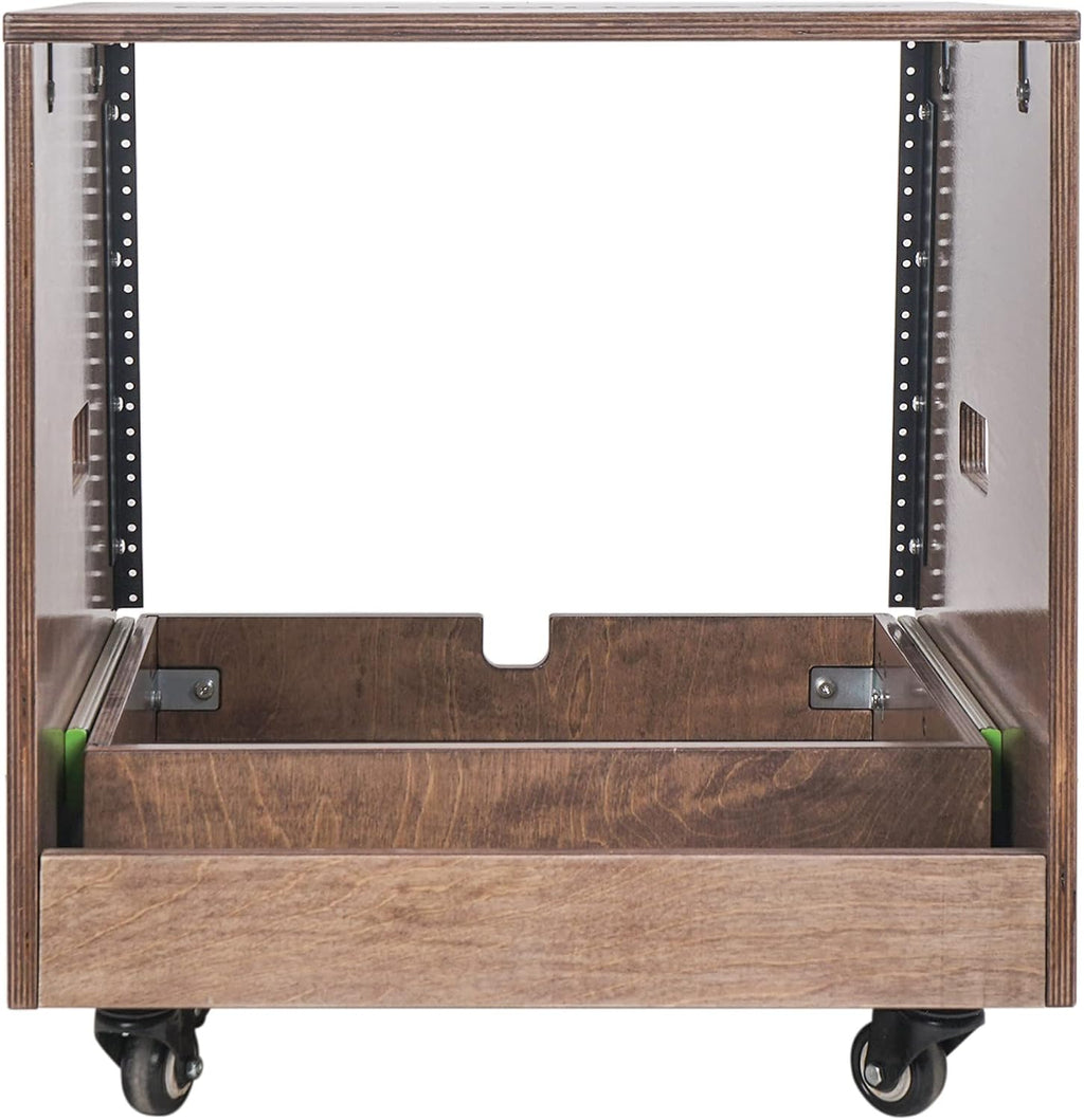 Sound Town 8U DIY Solid Baltic Birch Plywood Slanted Studio Rack with 8U Rack Space, Extra 2U Drawer, Rubber Feet, Casters, Weathered Brown (SDRK-8TBD2)