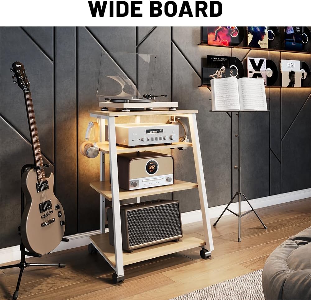 4-Tier Stereo Stand, AV Media Stand Cabinet Console Shelf with Power Strips and 2 Hooks, Audio-Video Rack Game Console Stand Media Organizer (Maple)