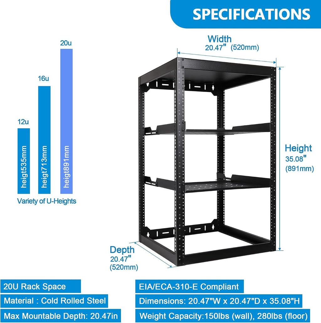 RackPath 20U Open Frame Network Rack with 2X 14in Vented 1U Shelves Rear Support, Wall Mount/Floor Standing Network Cabinet, Heavy Duty 150 lbs Capacity for IT & AV Gear, Audio and Video Device