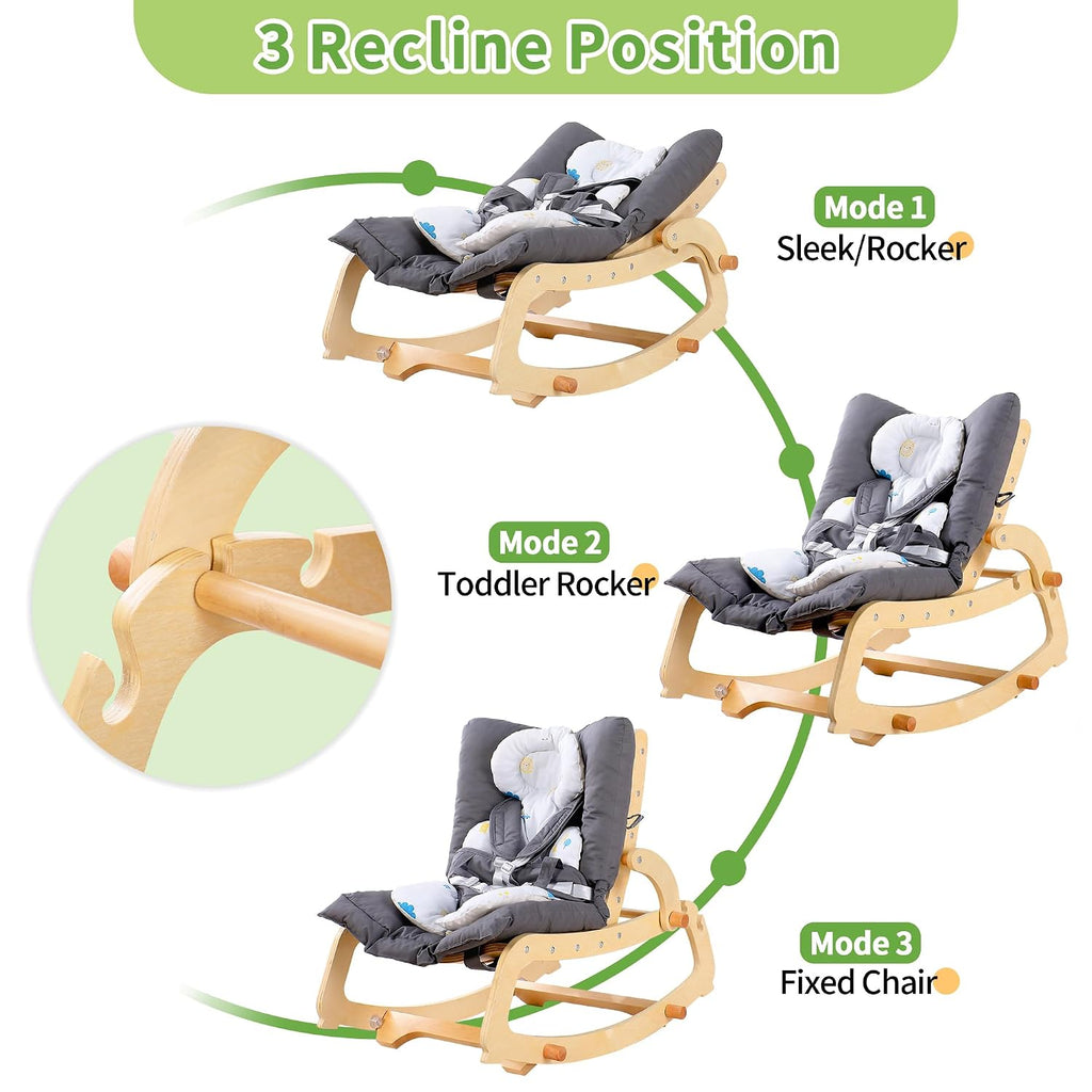 MallBest 3-in-1 Baby Rocker Chair with Double Cushions, for 0-12 Months, Adjustable Wooden Infant Rocker with Removable Cushion and 5-Point Harness for Infant to Toddler（Grey）
