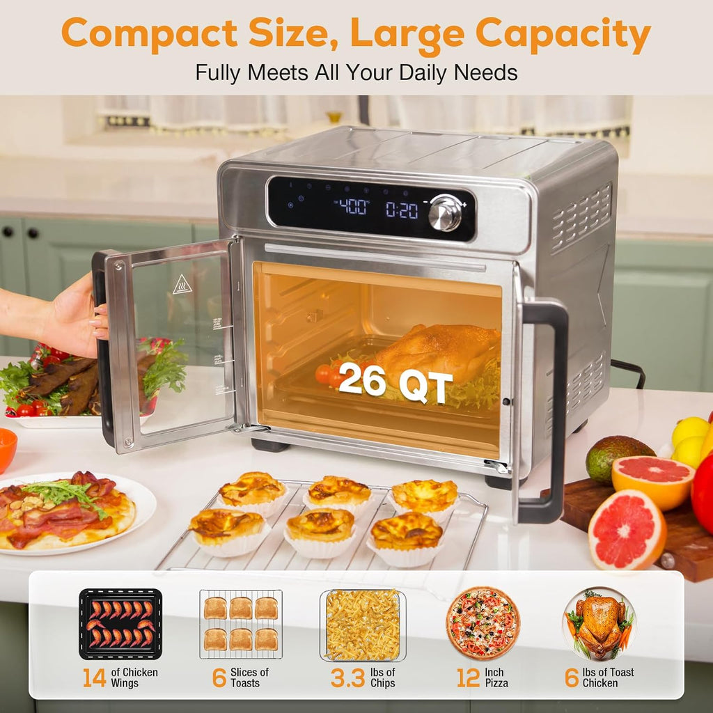 Romswi 26QT French Door Air Fryer Toaster Oven Combo, 24 Cooking Functions and Digital Controls, Fits 12' Pizza, 6 Slices of Toast, Rotisserie 6lb Chicken, 6 Accessories Included