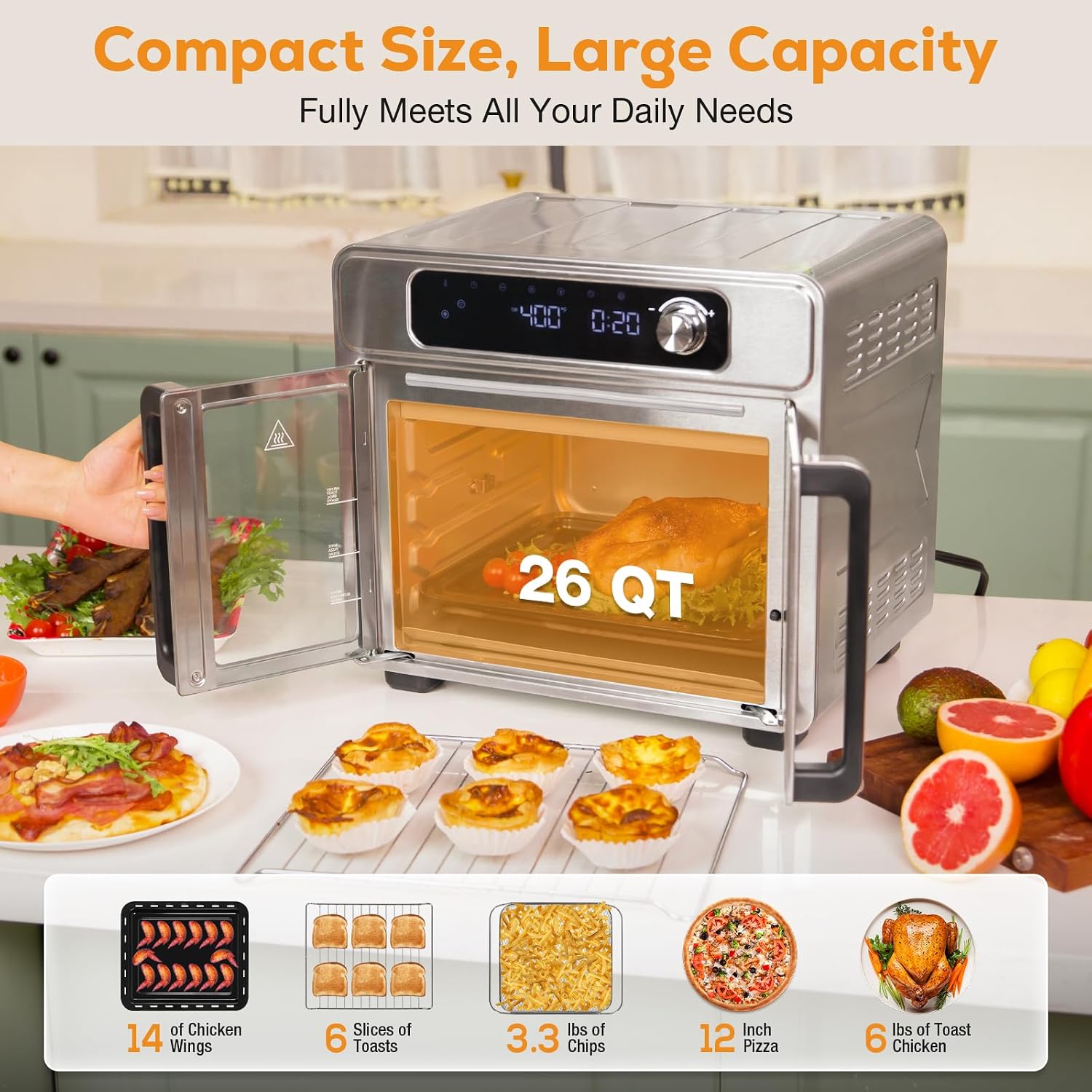 Romswi 26QT French Door Air Fryer Toaster Oven Combo, 24 Cooking Functions and Digital Controls, Fits 12' Pizza, 6 Slices of Toast, Rotisserie 6lb Chicken, 6 Accessories Included