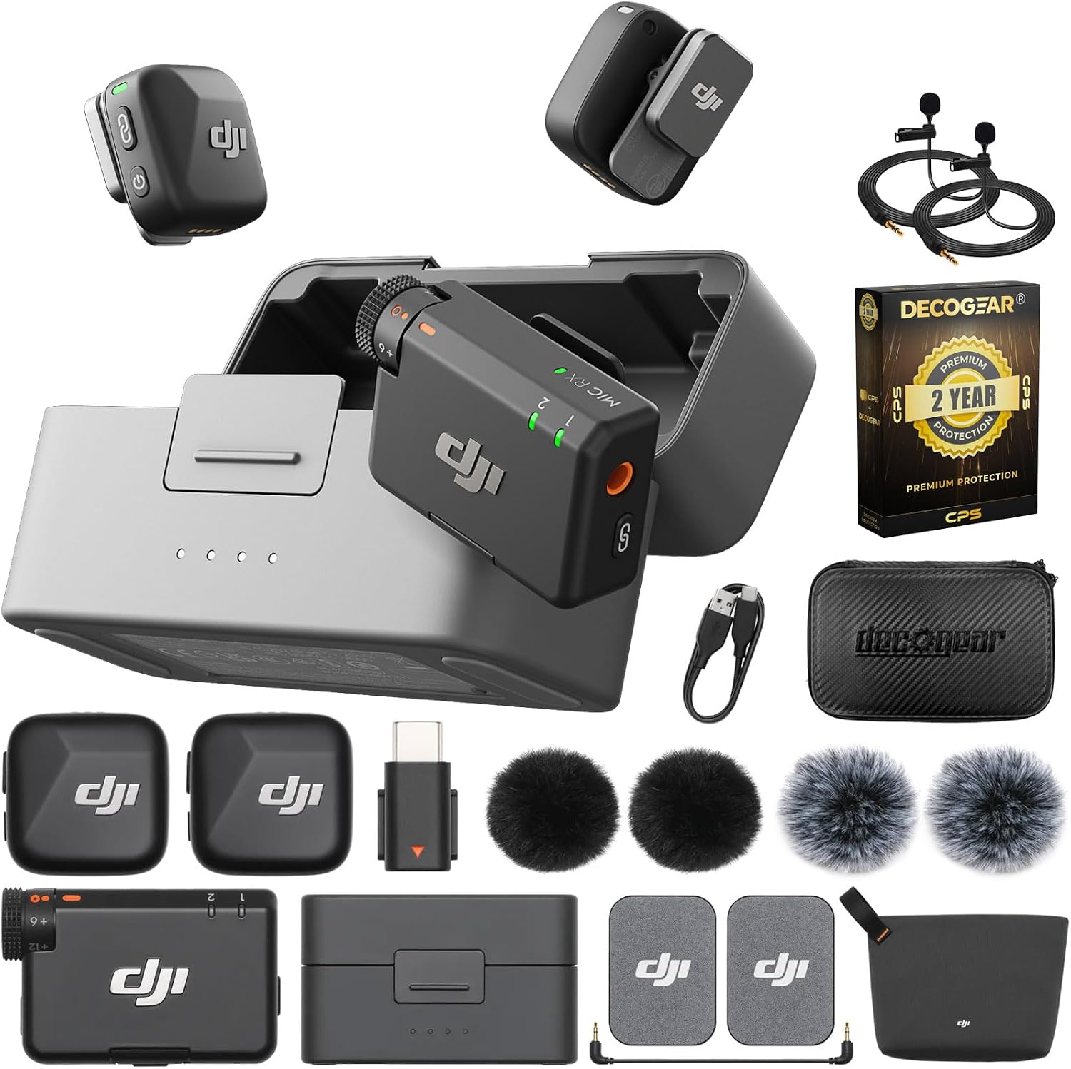 DJI Mic Mini (2 TX + 1 RX + Charging Case) Wireless Lavalier Microphone, Ultralight, 48-Hour Battery Bundle with 2 YR CPS Enhanced Protection Pack, 2 x Deco Gear Lapel Microphone and 7' EVA Case