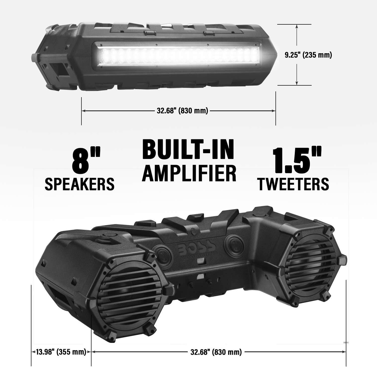 BOSS Audio Systems ATVB95LED ATV UTV Sound System - 8 Inch Full Range Stereo Speakers, 1.5 Inch Tweeters, IPX5 Weatherproof, Built-in Amplifier, Bluetooth Remote, Light Bar, Storage Compartment