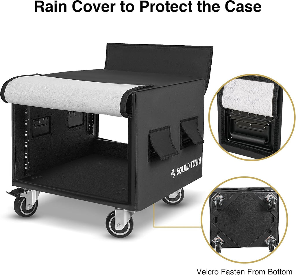 Sound Town 8U PA/DJ Rack/Road Case with 8-Space, Industry-Grade 0.7' (18mm) Plywood with Polyurea Coating, Rain Cover, Casters, 21.7' Rackable Depth - Pro Tour Grade (STRCP-8UW)