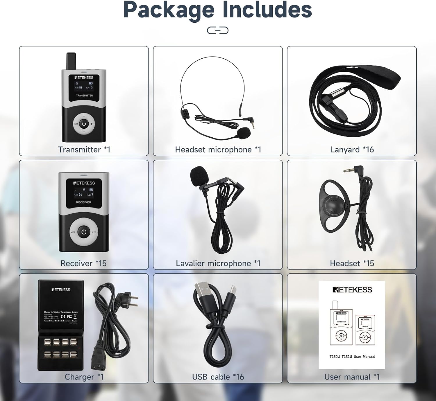 Retekess T130U(4nd Gen T130) Wireless Tour Guide System, Church Translation System, U-Band, 200M, 40H, One-Key Operation with Charging Kit, Tour Guide Headsets for Travel(1Transmitter 15 Receivers)
