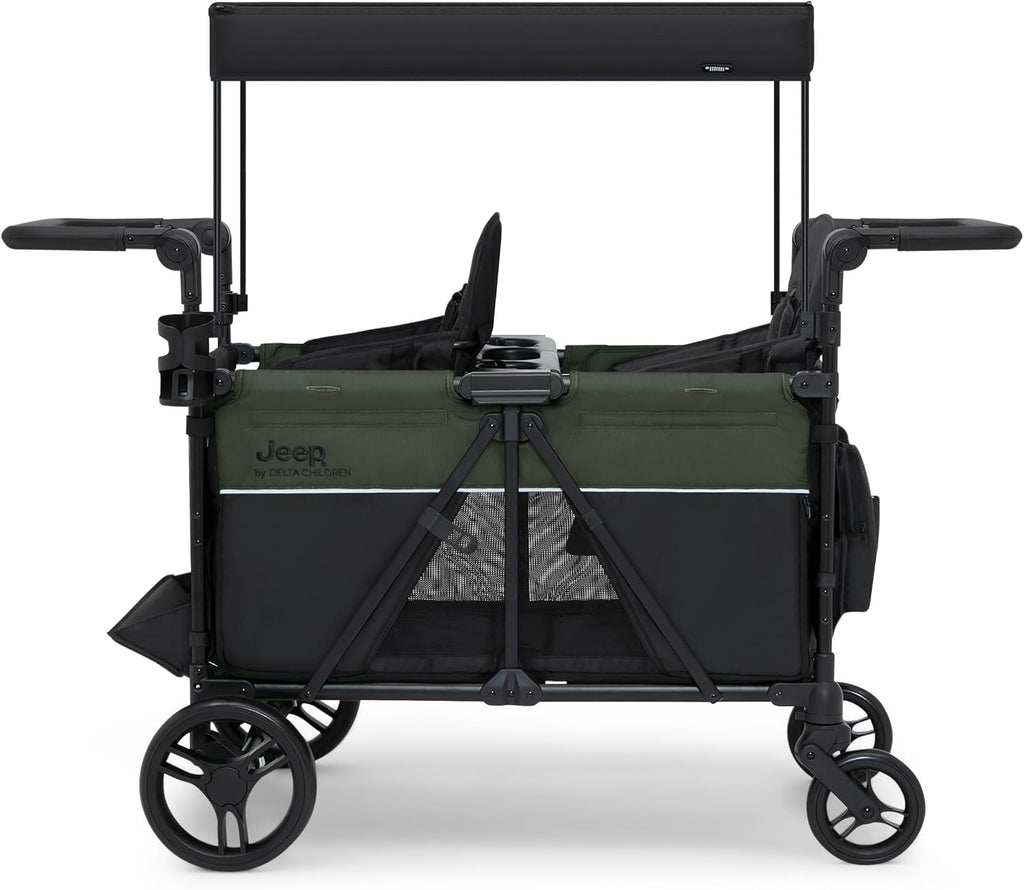 Jeep Aries Stroller Wagon by Delta Children Premium Wagon for 2 Kids with Convertible Seats, Adjustable Push/Pull Handles, Removable Canopy & Flat Fold - Greenguard Gold Certified, Black/Green