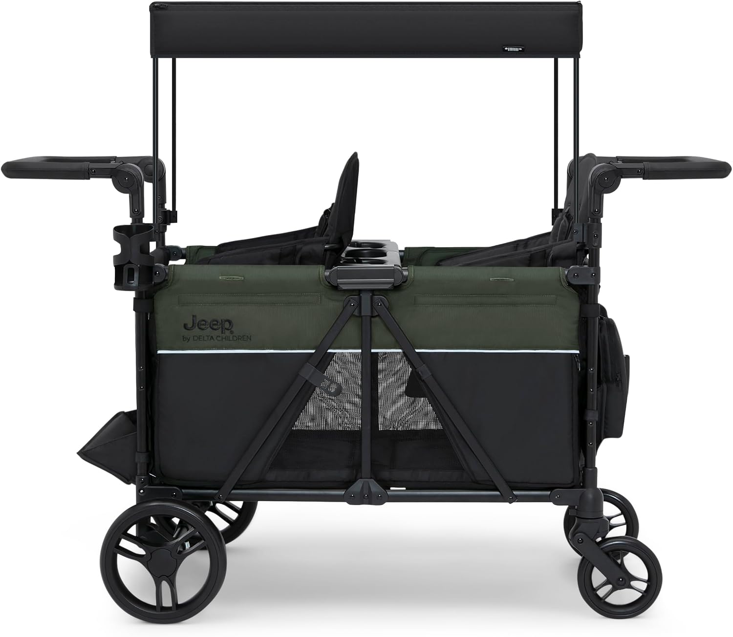 Jeep Aries Stroller Wagon by Delta Children Premium Wagon for 2 Kids with Convertible Seats, Adjustable Push/Pull Handles, Removable Canopy & Flat Fold - Greenguard Gold Certified, Black/Green