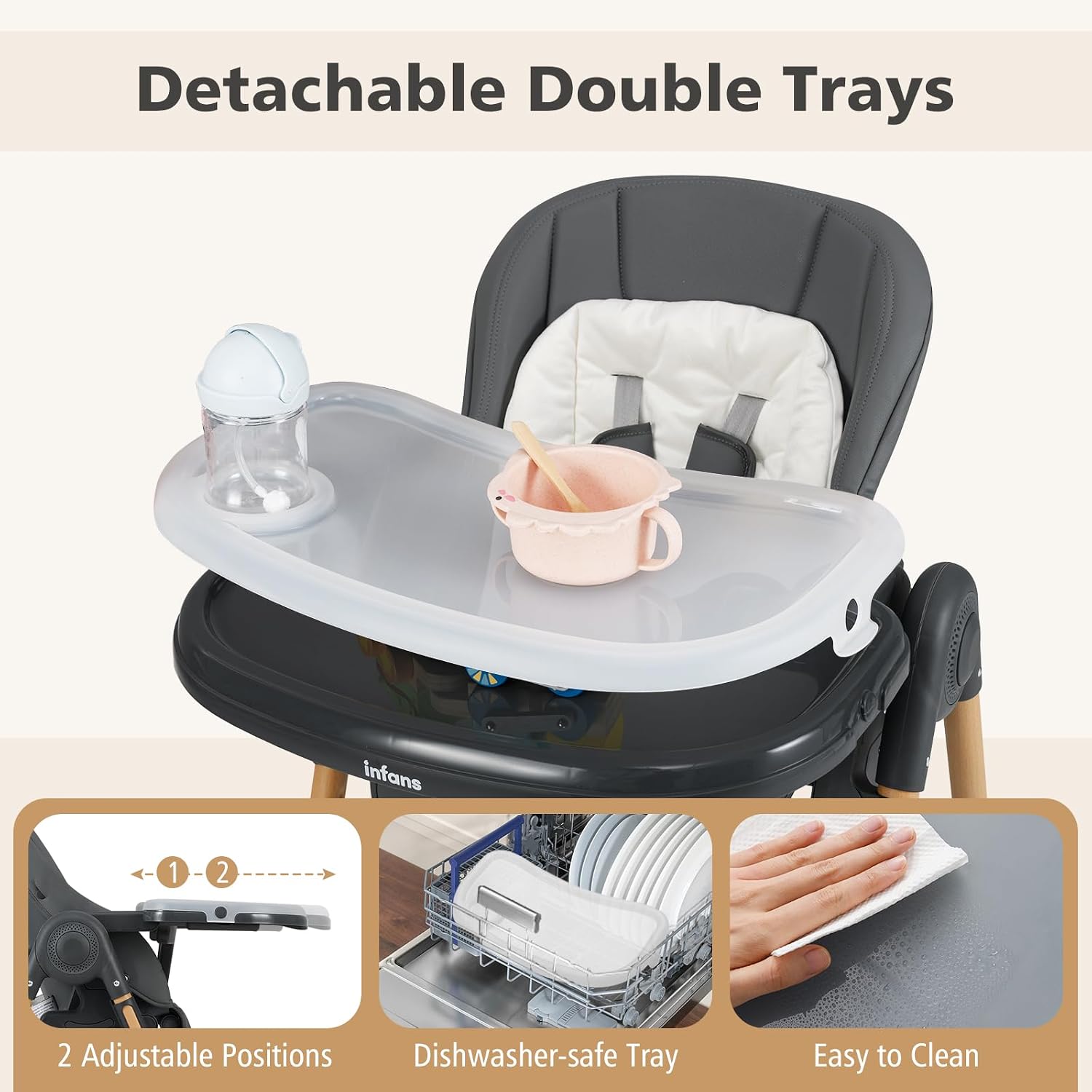 INFANS Baby High Chair, High Chairs for Babies & Toddlers with Adjustable Height Backrest Footrest Removable Tray, Easy to Clean PU Seat Convertible Quick Folding Portable Highchair