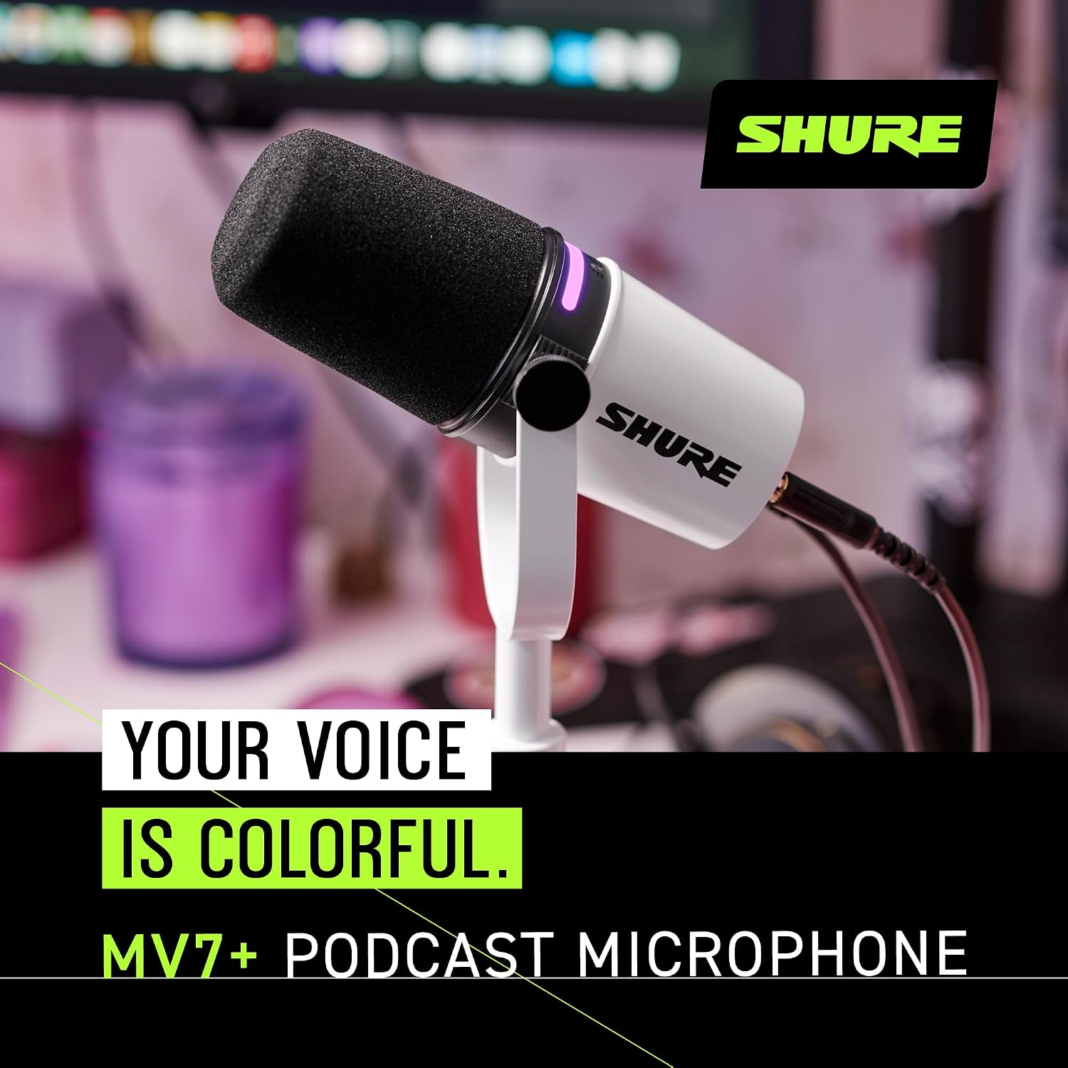 Shure MV7+ Dynamic Microphone – USB-C & XLR Podcast Mic for Streaming, Recording & Broadcasting, OBS Certified, Auto Level Mode, Digital Pop Filter, LED Panel, White