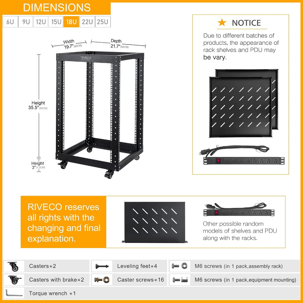 RIVECO 18U Open Frame Server Rack with Brake Casters + PDU (8 Outlets) Power Strip Surge Protector + 2 PCS Rack Shelves Cantilever Tray Set Black