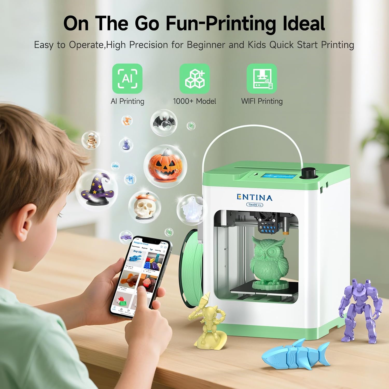 Entina TINA2S 3D Printers with WiFi Cloud Printing, Huge Library, Fully Assembled, Mini 3D Printer for Beginners and Kids with Auto Leveling, High Precision FDM 3D Printer for Home, School and Office