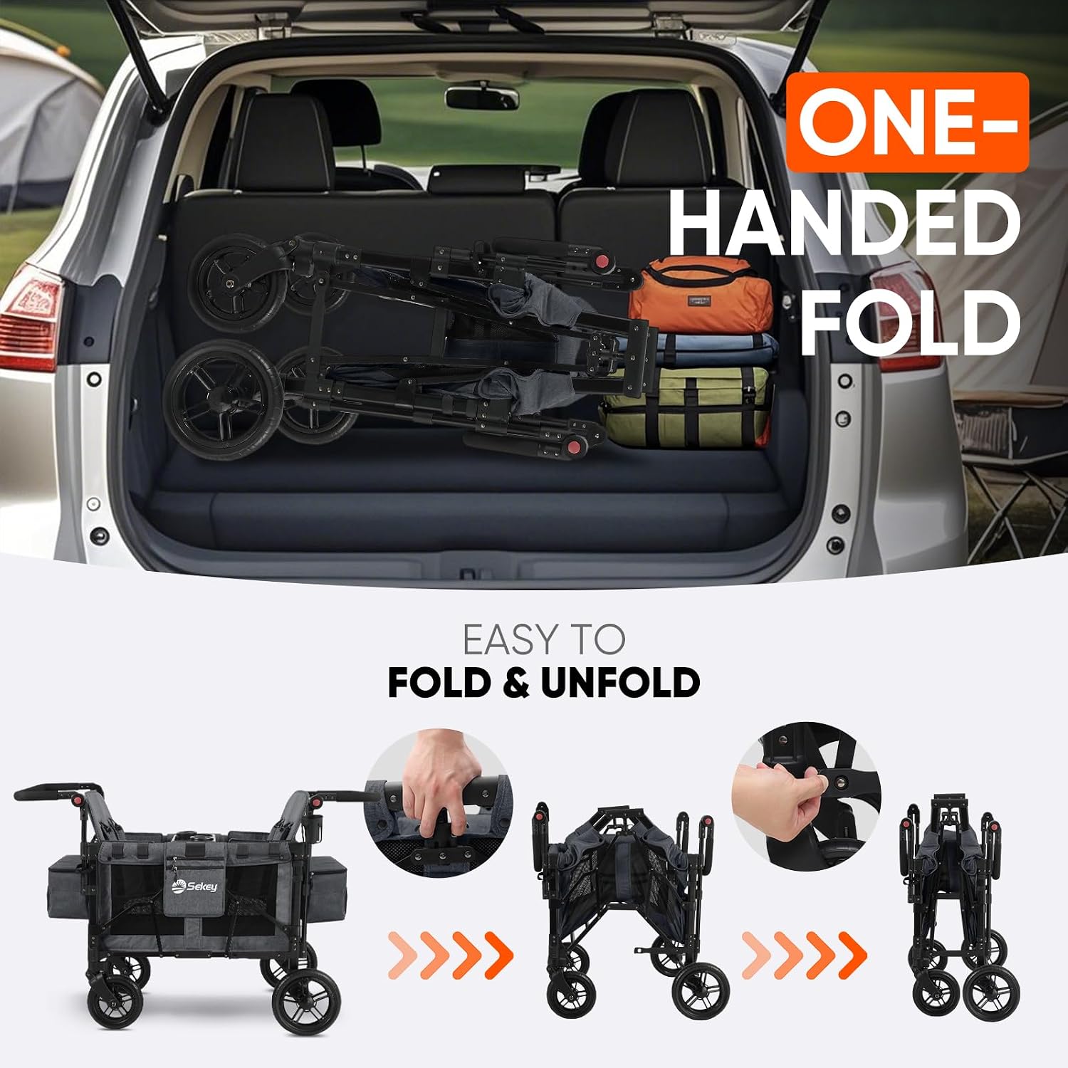 Sekey 4 Seater Stroller Wagon for Kids - Premium Quality with Convertible Seats, Adjustable Push Handles, Removable Canopy, Snack Tray & Cooler, US Certified.