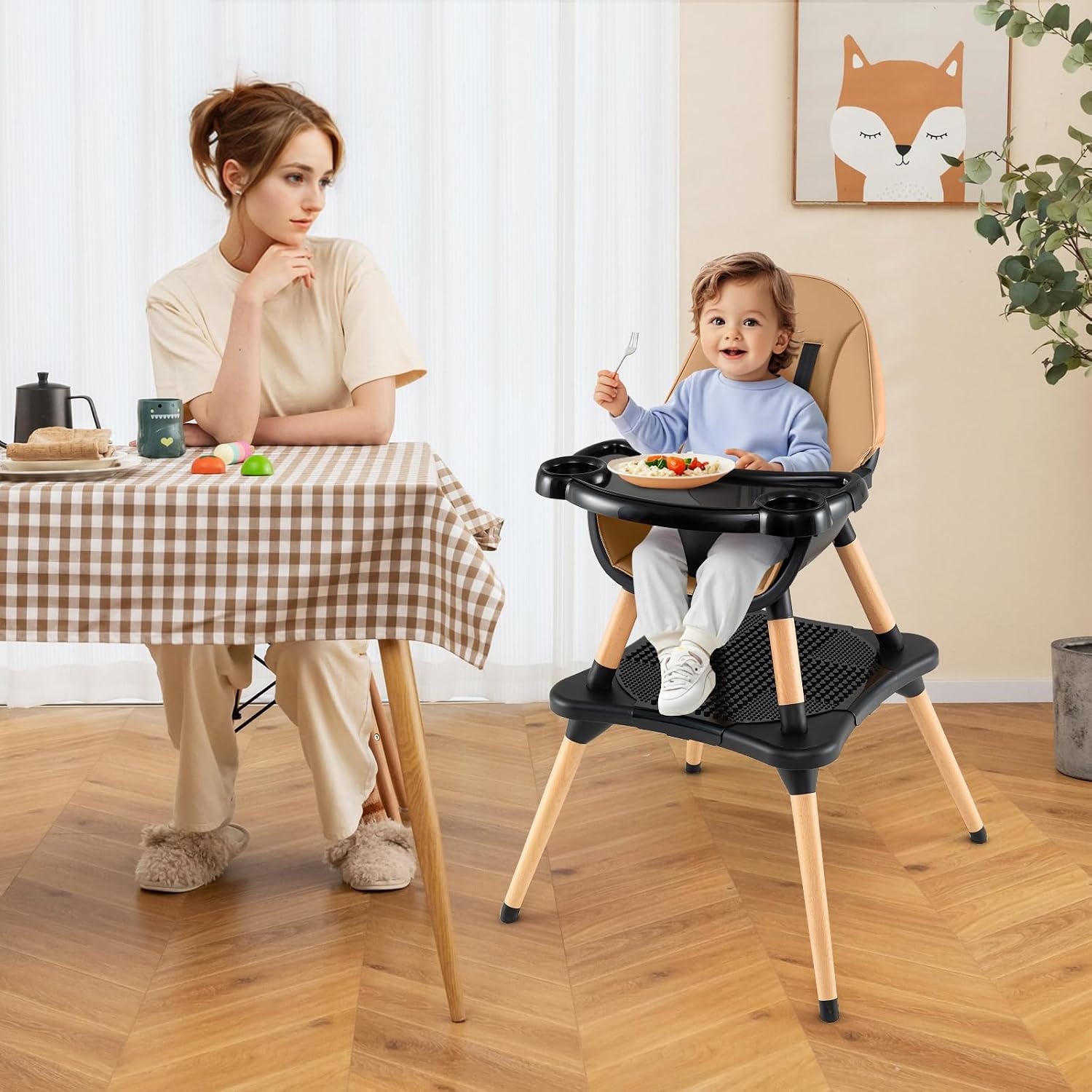 HONEY JOY Baby High Chair, 6-in-1 Convertible Wooden Highchair for Babies and Toddlers/Table Set/Toddler Chair with Safety Harness, 4-Position Removable Feeding Tray (Coffee)