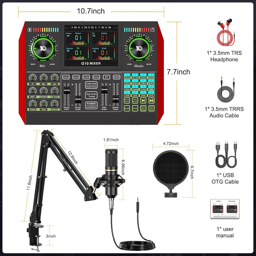 Podcast Microphone Bundle with Live Sound Card Audio Mixer, Podcast Equipment Bundle with 3.5mm Boom Mic for Pc/Phone Live Streaming Singing Gaming, Sound Board with Voice Changer, Denoise