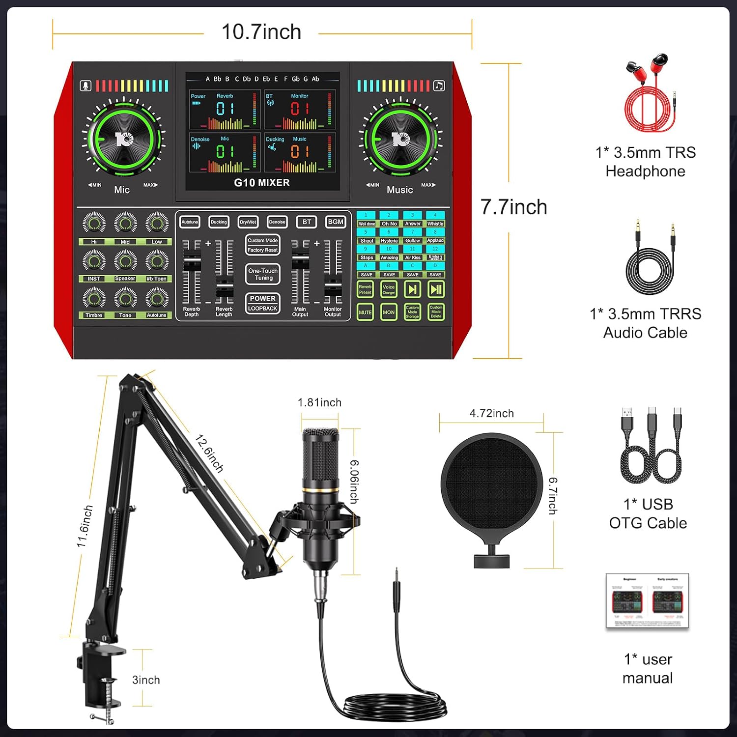 Podcast Microphone Bundle with Live Sound Card Audio Mixer, Podcast Equipment Bundle with 3.5mm Boom Mic for Pc/Phone Live Streaming Singing Gaming, Sound Board with Voice Changer, Denoise