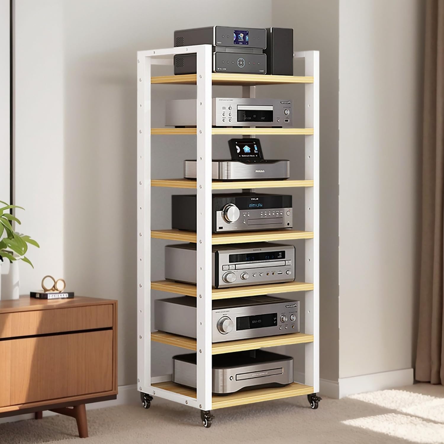 7-tier Av Media Stand, Audio Rack With Adjustable Shelves, Stereo Racks And Stands With Wheels, Stereo Rack For Home, Office, Theater(C)