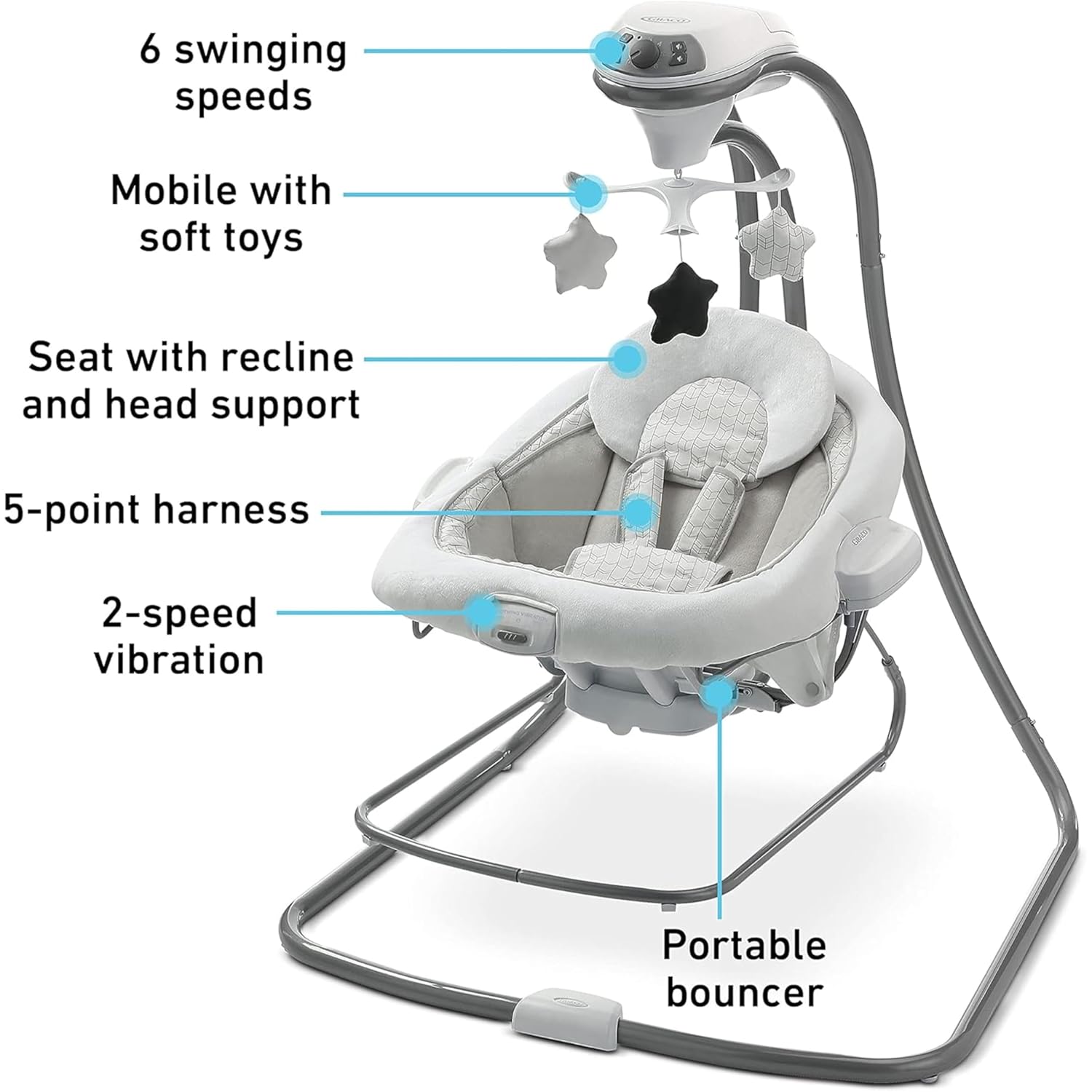 Graco DuetConnect LX Portable Baby Swing and Bouncer, Multi-Direction Baby Bouncer Seat, Multiple Swing Speeds, Great Gift for New Parents, Redmond