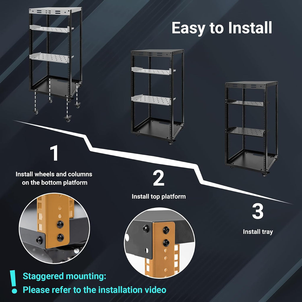 20U Server Rack w/ 2 Racks, Versatile Open Frame IT Rack - Wall-Mount, Rotate and Push w/Ease, AV Rack w/Top & Bottom Panels, Hook and Loop Straps for 19' Stereo/Data/IT/Computer Equipment