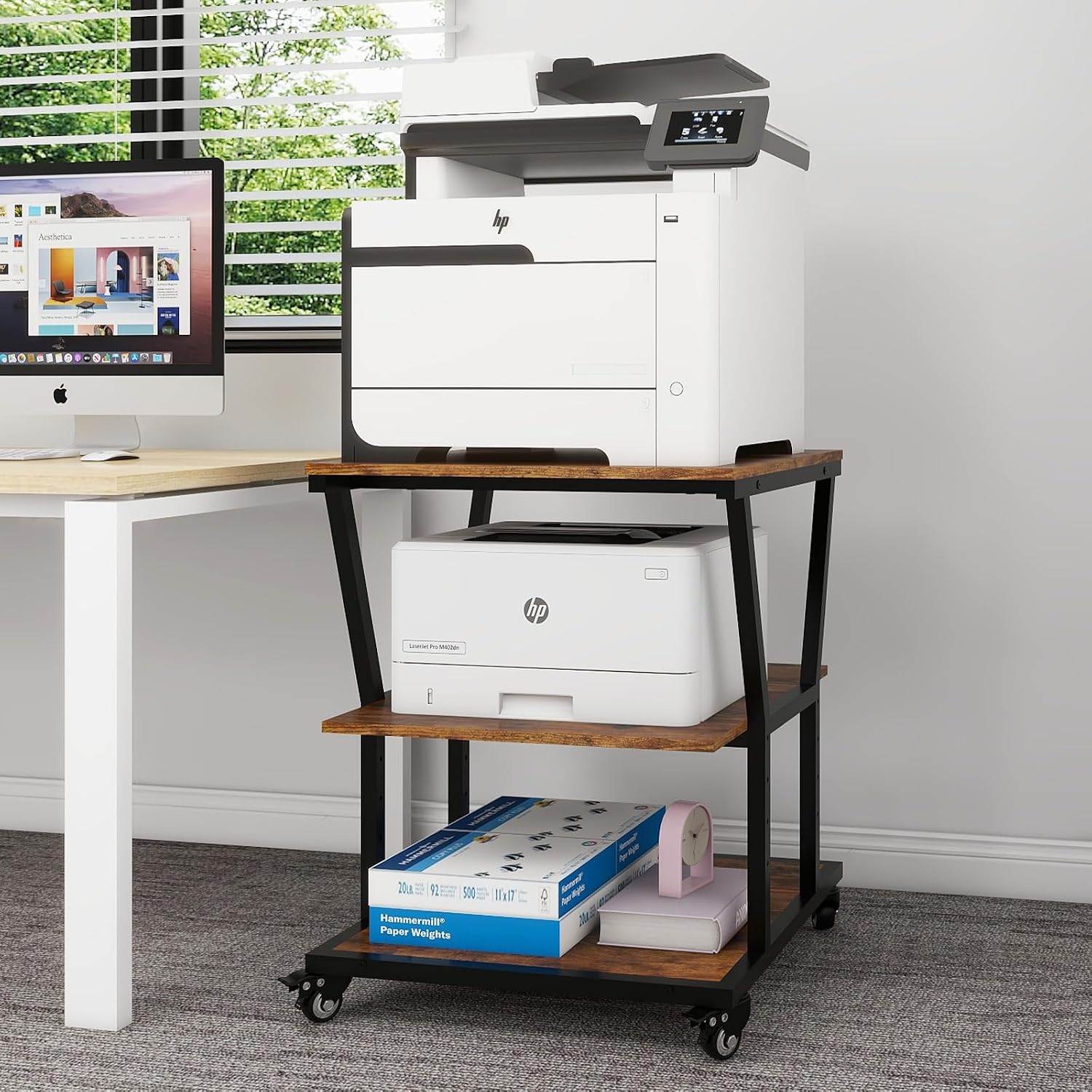 Natwind 3-Tier Large Printer Stand,23.6'x23.6'x29.5' Heavy-Duty Printer Table Cart with Paper Storage Shelf & Wheels,Ideal for Home Office Laser Printers, Copiers (Retro)