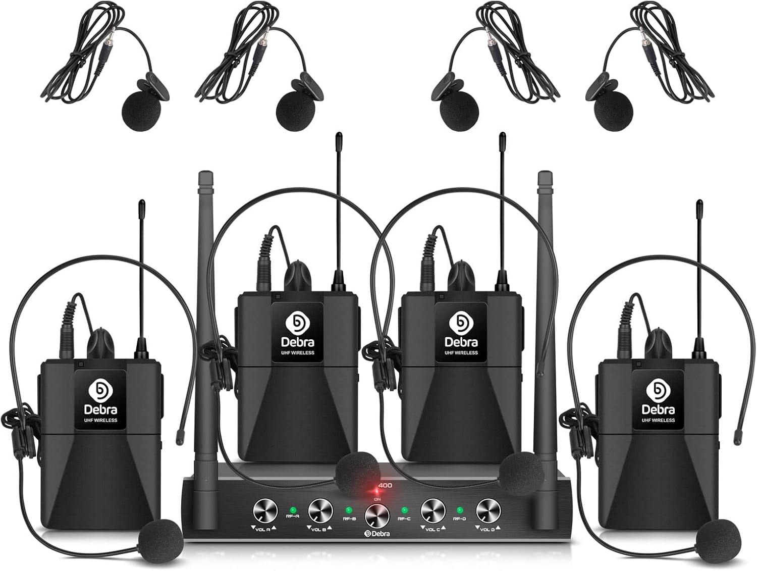 D Debra Audio AU400 Pro UHF 4 Channel Wireless Microphone System with Cordless Handheld Lavalier Headset Mics, Metal Receiver, Ideal for Karaoke Church Party (with 4 Bodypack (B))