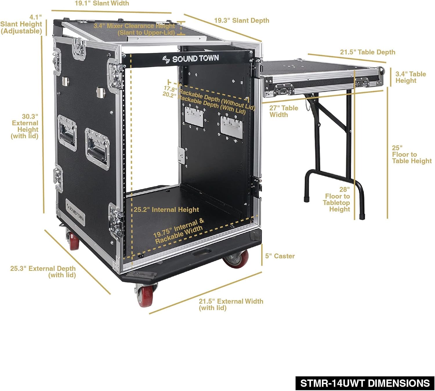Sound Town Heavy-Duty 1/2' (12mm) Plywood 14U PA DJ Rack/Road ATA Case with 11U Slant Mixer Top, 20'' Rackable Depth, DJ Work Table and Casters, 14 Space Size, Pro Tour Grade (STMR-14UWT)