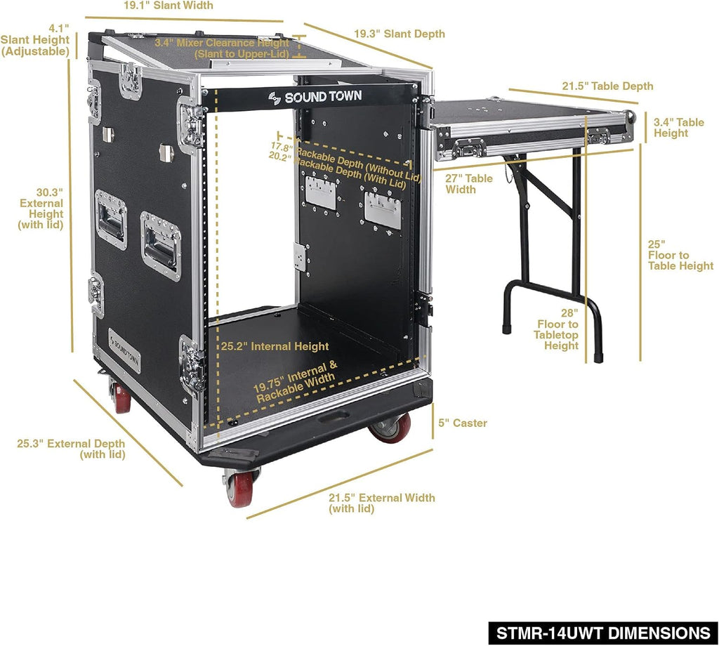 Sound Town PA DJ Combo with Heavy-Duty 1/2' (12mm) Plywood 14U Rack/Road ATA Case w/Slant Mixer Top, DJ Work Table, One 10 Outlet AC Power Conditioner/Sequencer (STMR-14TPS10)