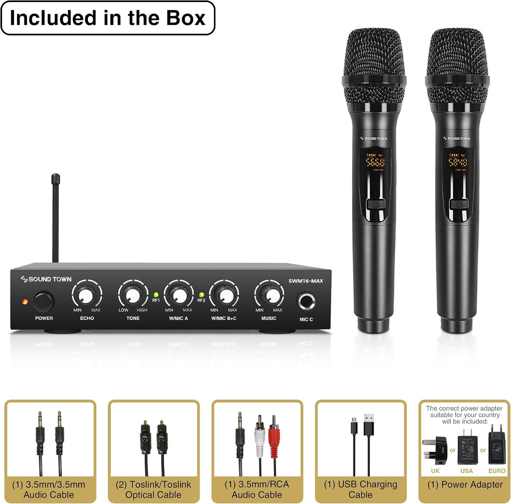 Sound Town Wireless Microphone Karaoke Mixer System with HD Audio Return Channel, Optical (Toslink), AUX, Supports Smart TV, Media Box, PC, Bluetooth, Soundbar, Receiver (SWM16-MAX)