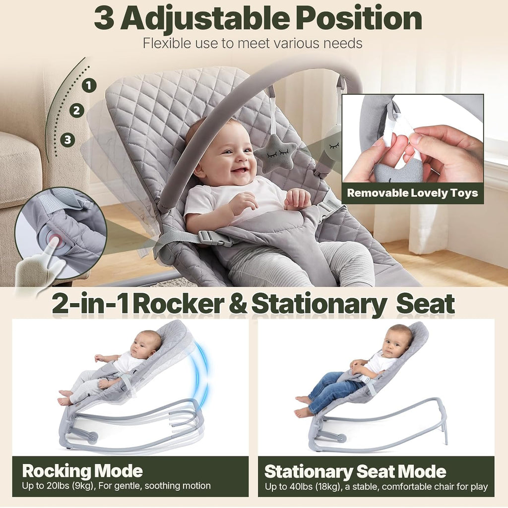Orzbow Electric Baby Rocker with Innovative Auto Rocking Motion, Adaptable 3-Speed, Smart Tap Sensing, Soothing Sounds, and 3 Recline Positions, 2-in-1 Automatic Baby Rocker Chair, Grey