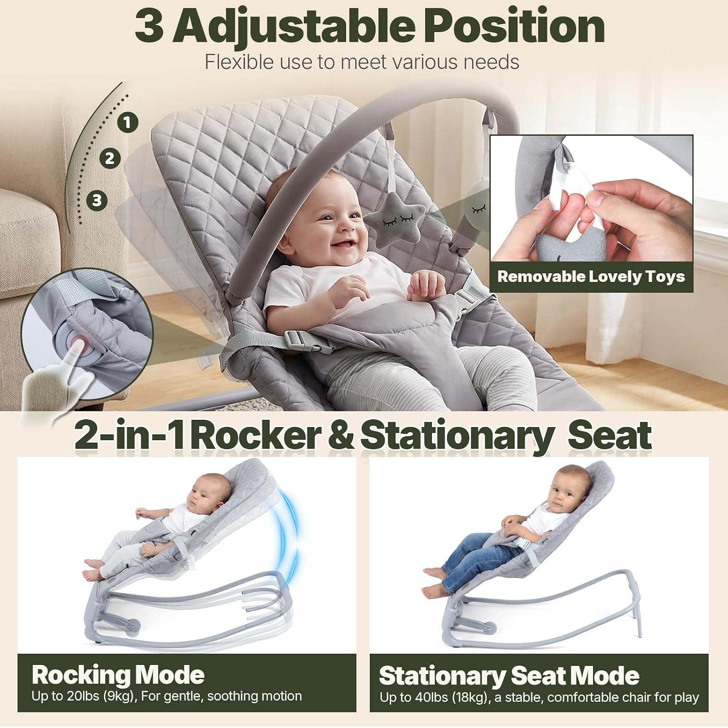 Orzbow Electric Baby Rocker with Innovative Auto Rocking Motion, Adaptable 3-Speed, Smart Tap Sensing, Soothing Sounds, and 3 Recline Positions, 2-in-1 Automatic Baby Rocker Chair, Grey