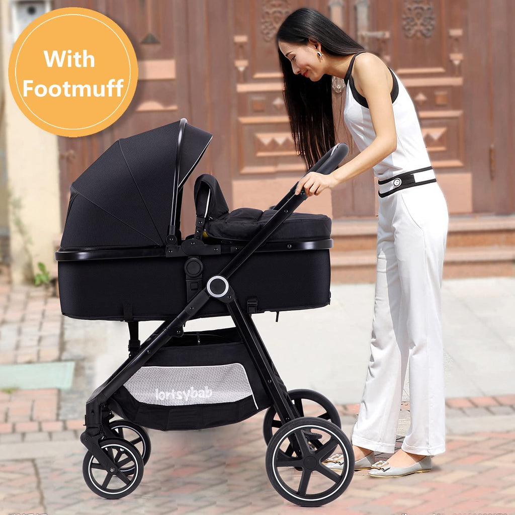Lortsybab 2-in-1 Baby Stroller - Folding Infant Newborn Pram Stroller with Reversible Seat - Toddler Strollers for 0-36 Months Old Babies