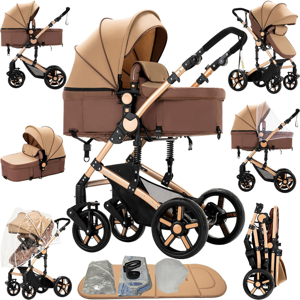2 in 1 Baby Stroller, Convertible Pram, Reversible Standard Baby Stroller, Portable Baby Buggy, Infant Carriage, Foldable High Landscape Pushchair for Toddler Newborn (2US588-KHAKI)