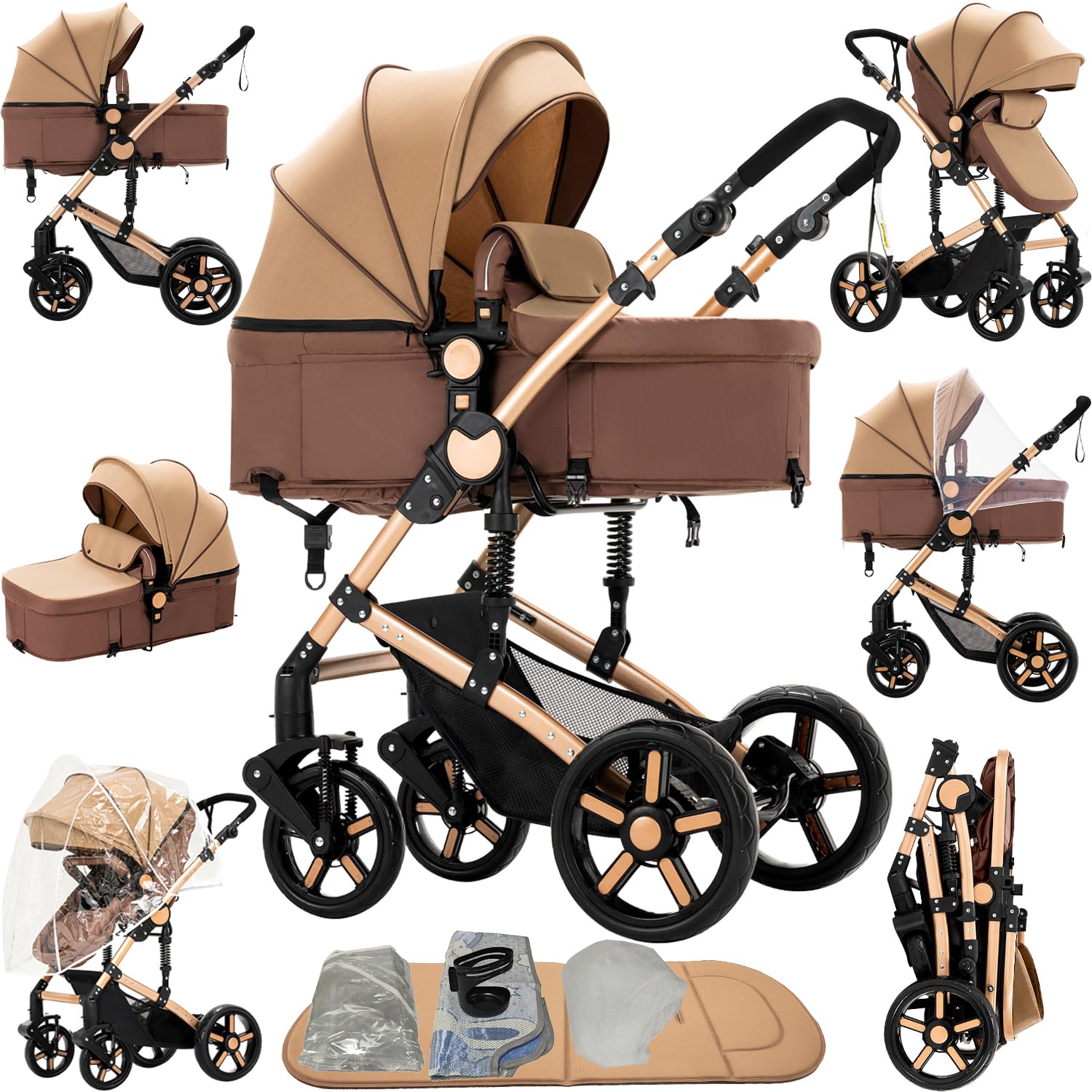 2 in 1 Baby Stroller, Convertible Pram, Reversible Standard Baby Stroller, Portable Baby Buggy, Infant Carriage, Foldable High Landscape Pushchair for Toddler Newborn (2US588-KHAKI)