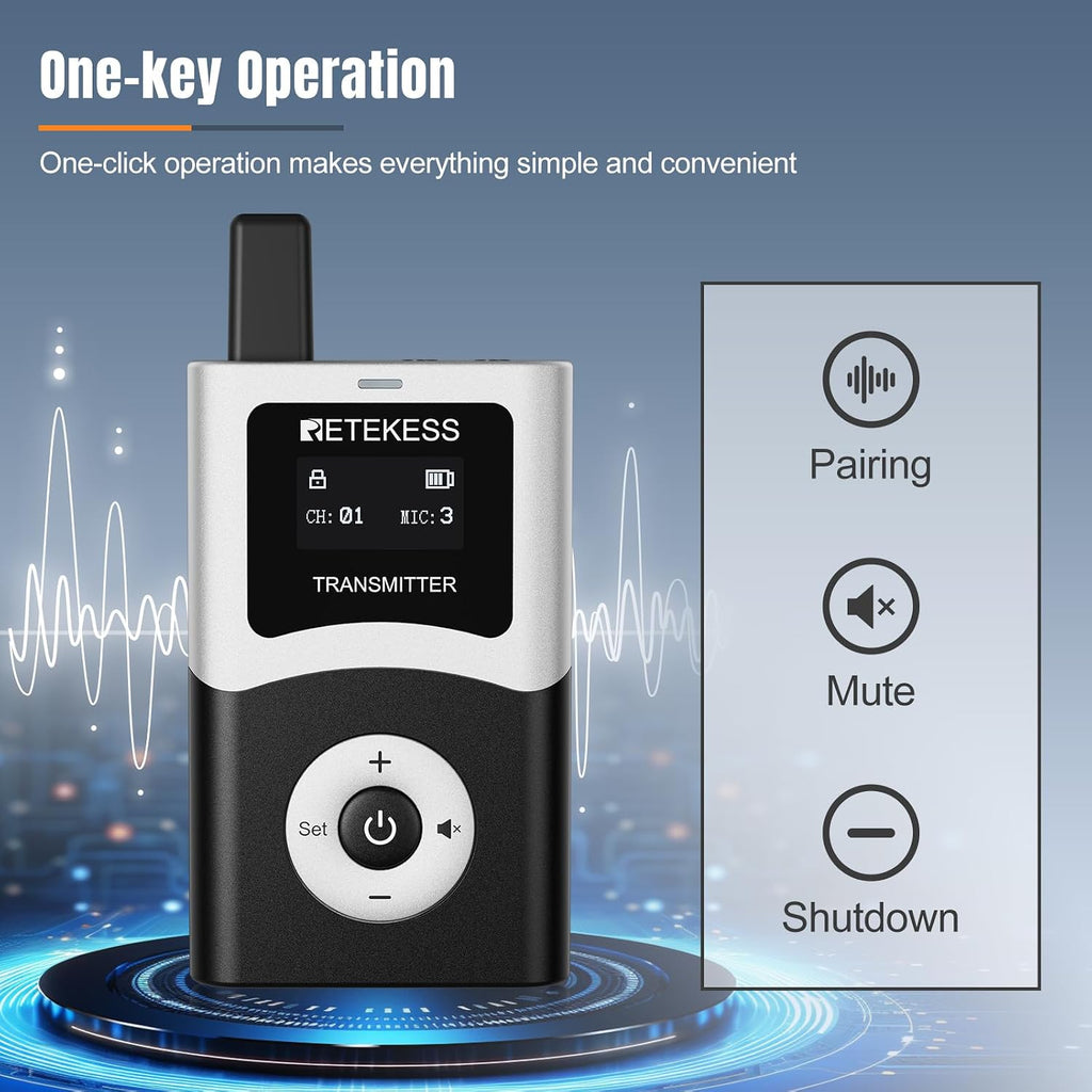 Retekess T130U(4nd Gen T130) Whisper Tour Guide System, Tour Guide Microphone and Speaker, Clear Sound Quality, One-Key Operation, Tour Guide Headsets for VIP Travel(1 Transmitter 2 Receivers)