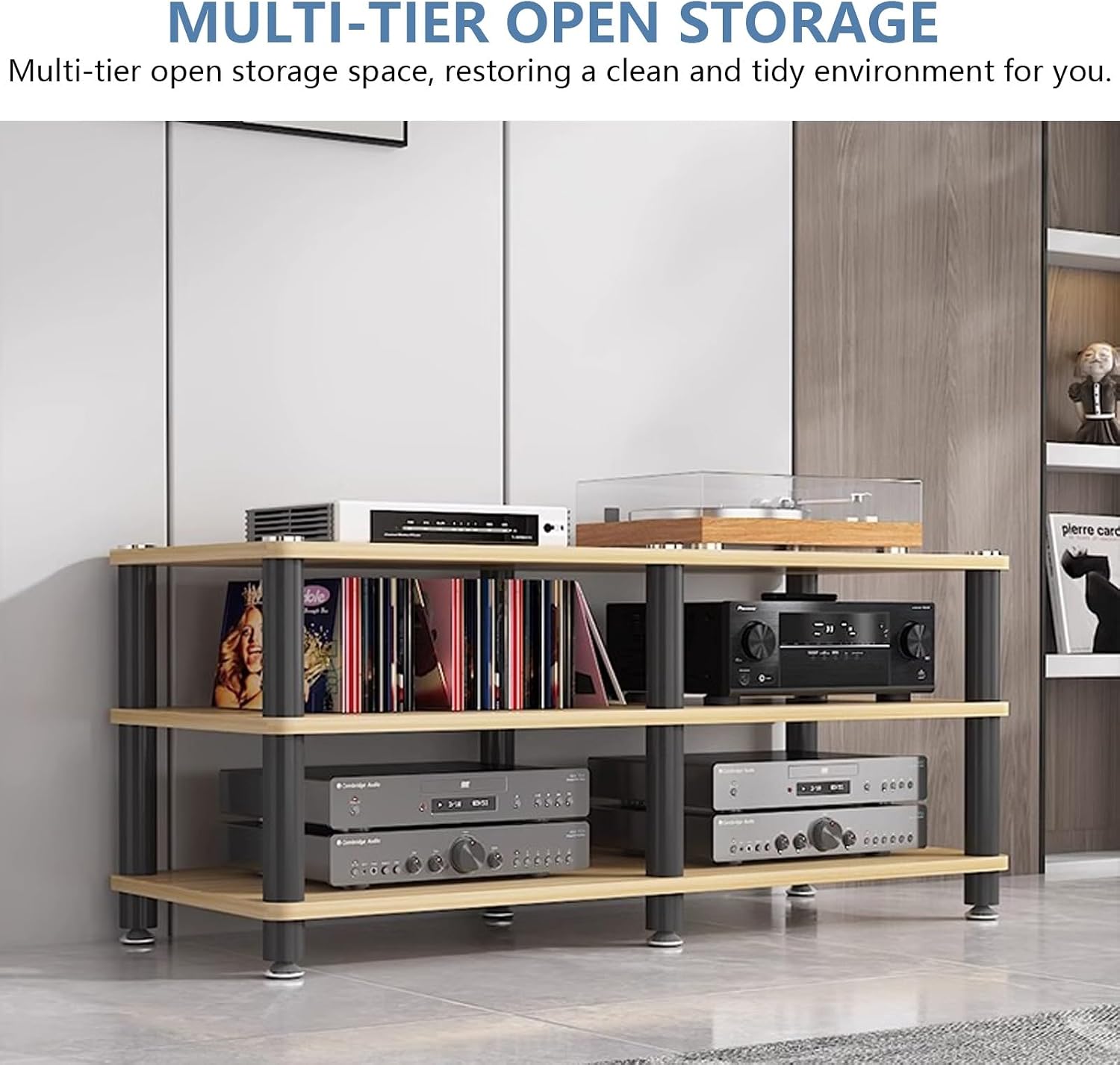 AV Media Stand, Stereo Rack with Thickened Board, Multi-Tier Open Storage Stereo Cabinet, Audio-Video Rack with Metal Tube, Record Player Stand for Theater(White,4 Tier 120x40x77cm)