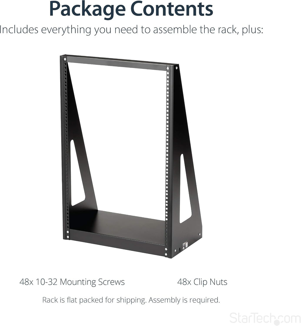 StarTech 16U 2-Post Open Frame Desktop Server Rack, 19in Compact Space-Saving Floor IT Rack with 350lb (160kg) Weight Capacity
