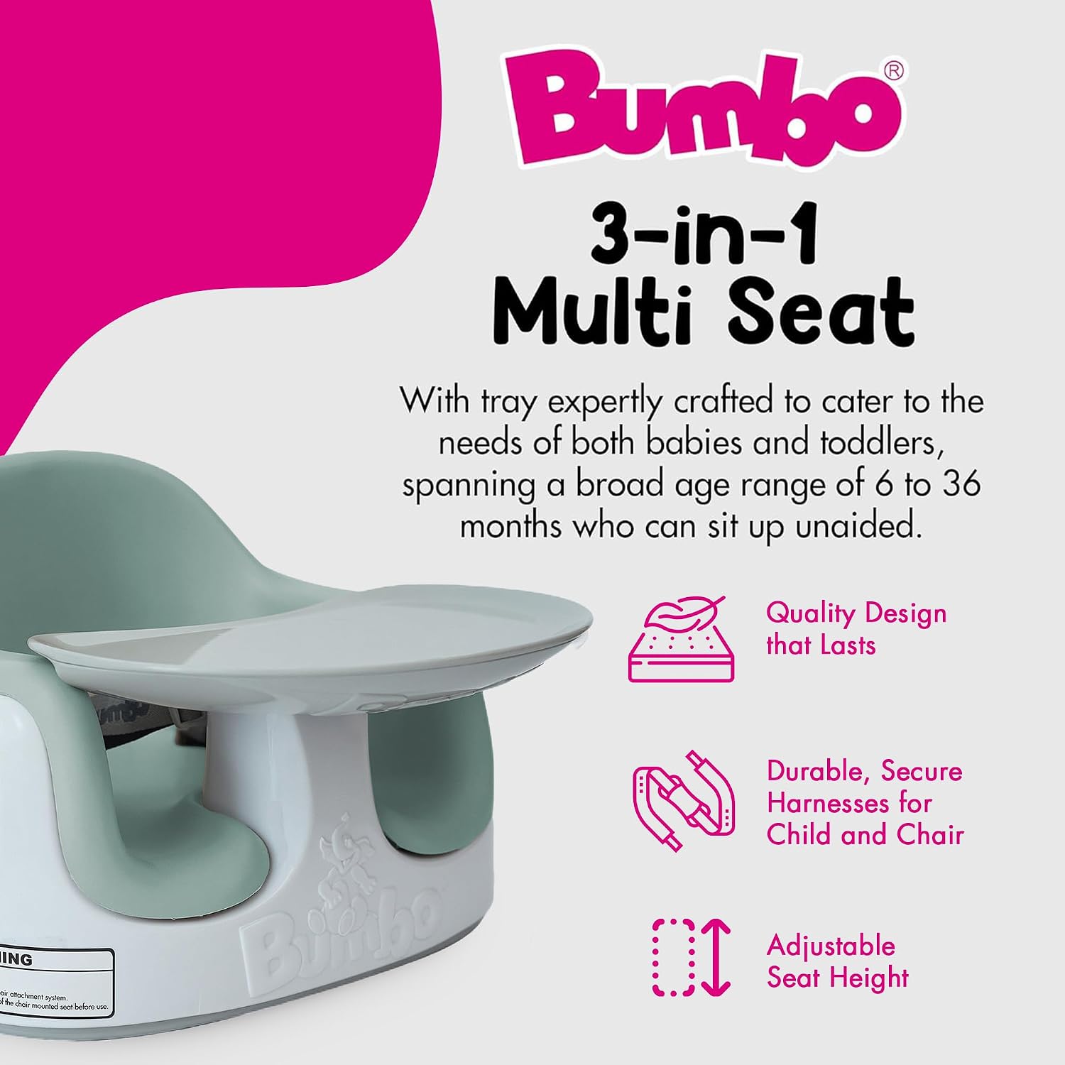 Bumbo 2 Pack 3-in-1 Multi-Seat for 6 to 36 Months, Travel Baby Feeding & Play Floor Seat, Portable Booster with Tray & Toddler High Chair, Agave