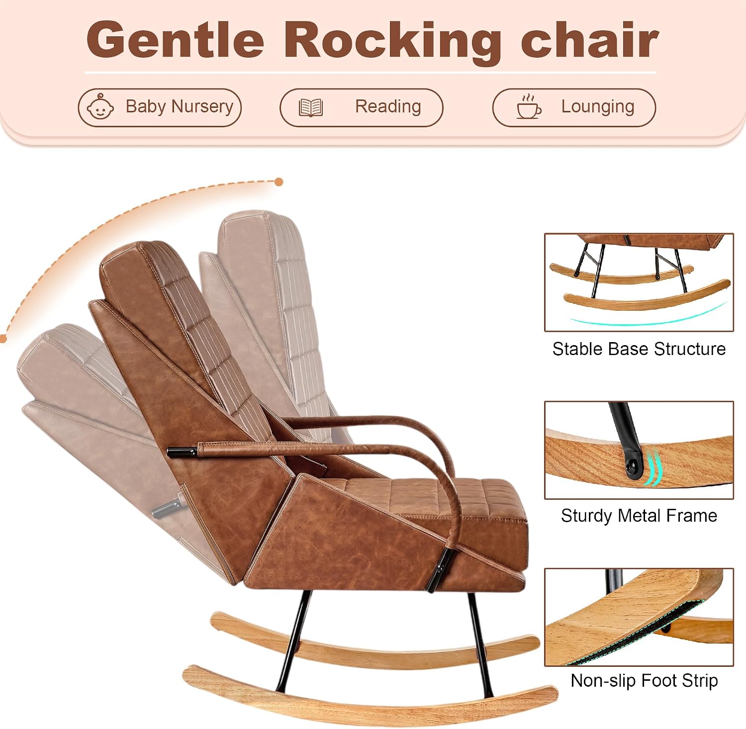 VECELO Rocking Chair Nursery, Oversize Leather Glider Rocker with Padded Cushion, Upholstered Removable High Back, Brown